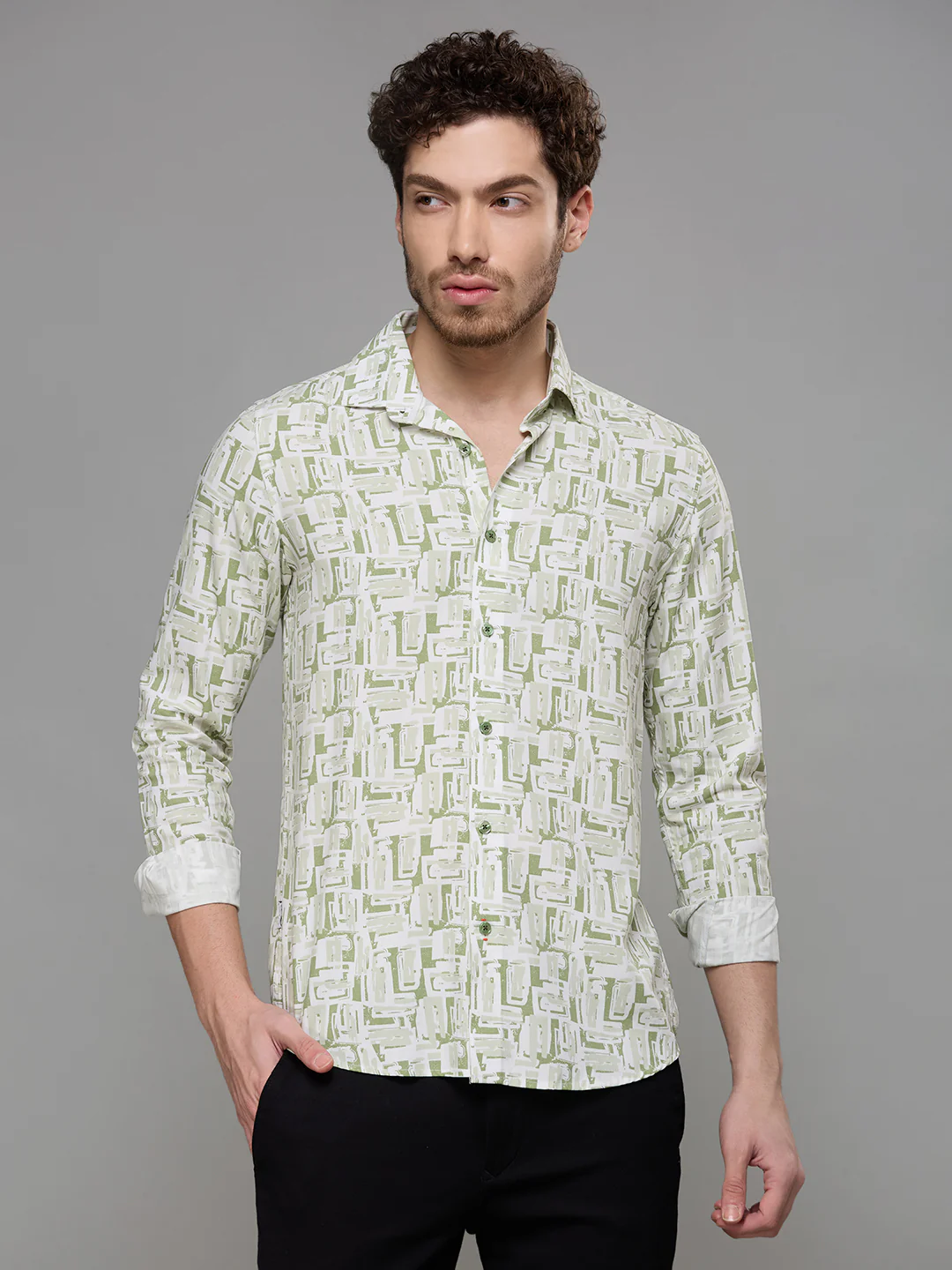 Men's Green Printed Slim Fit Shirts - Image 3
