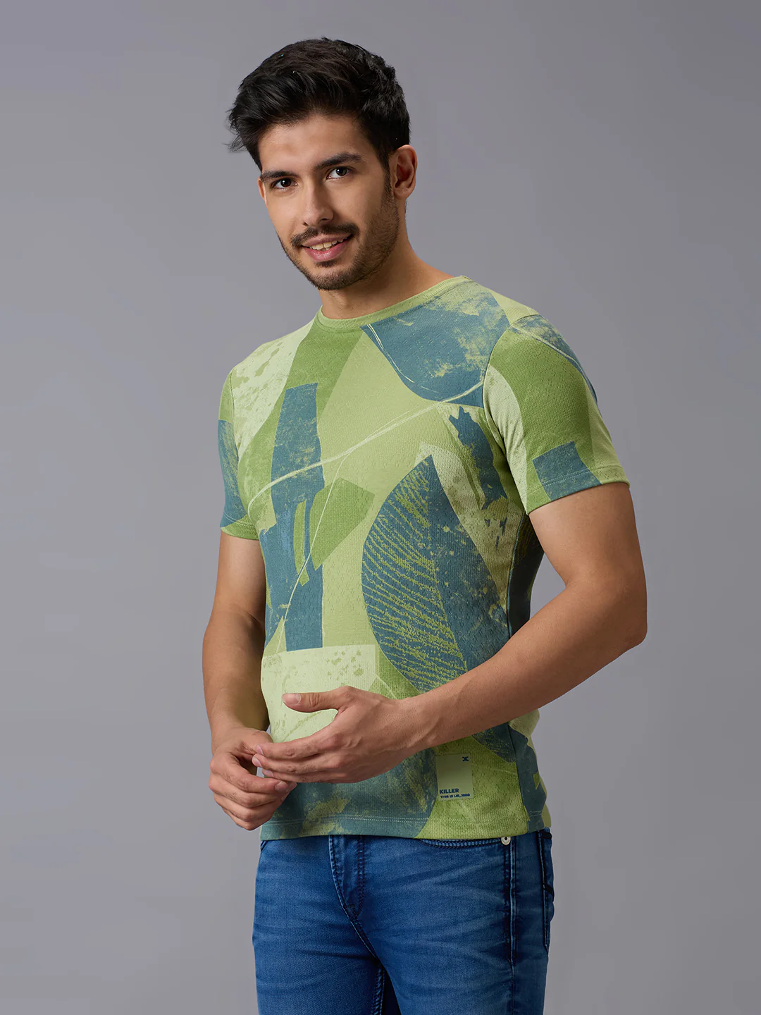 Men's Green Printed Slim Fit T-Shirts - Image 2