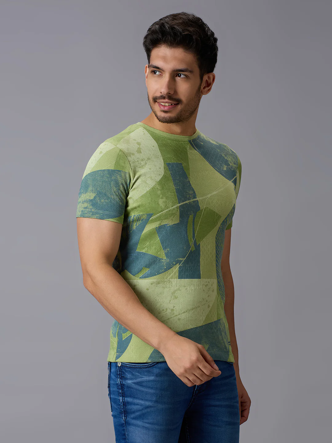 Men's Green Printed Slim Fit T-Shirts - Image 3