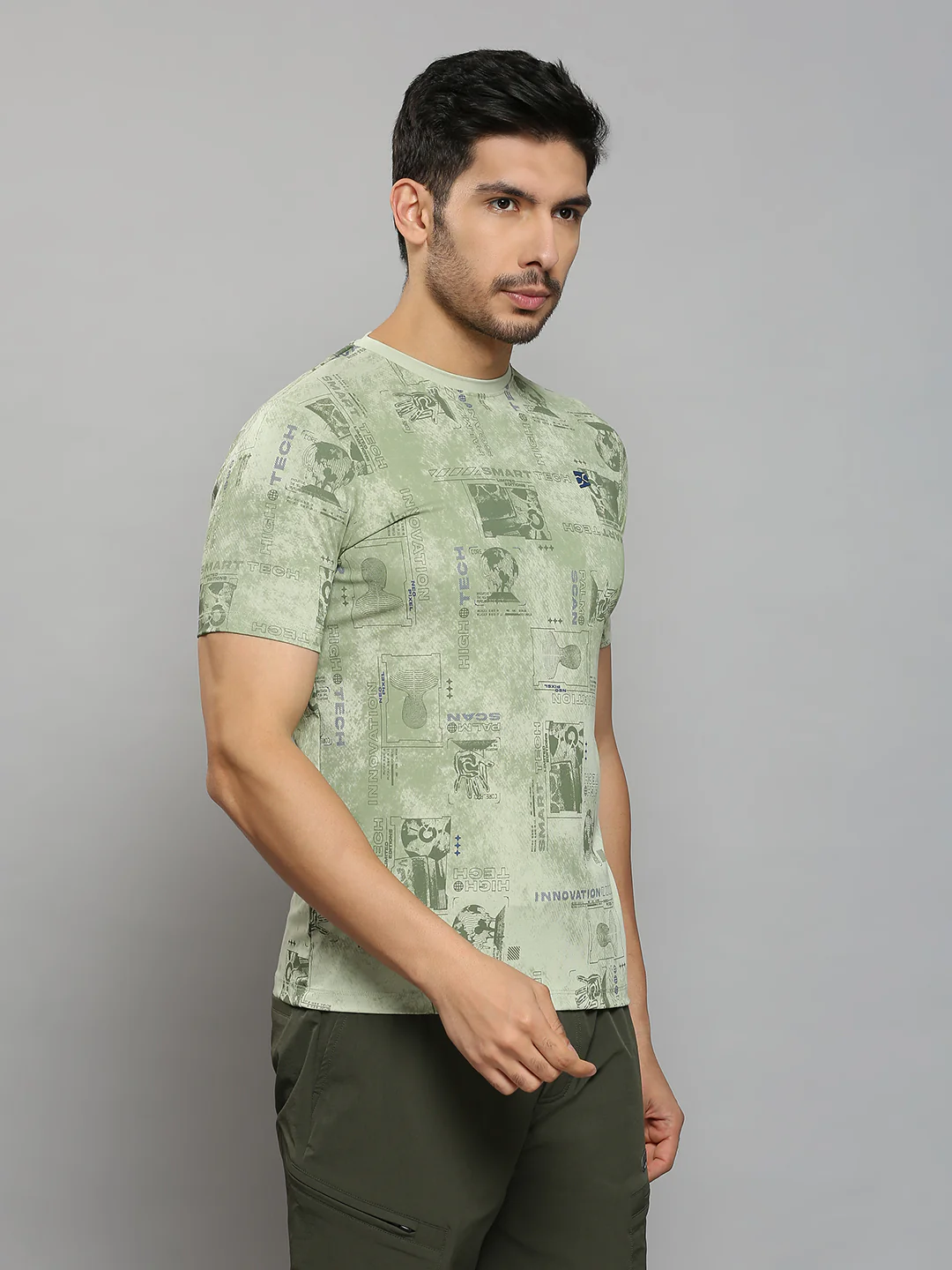 Men's Green Printed Slim Fit T-Shirts - Image 3