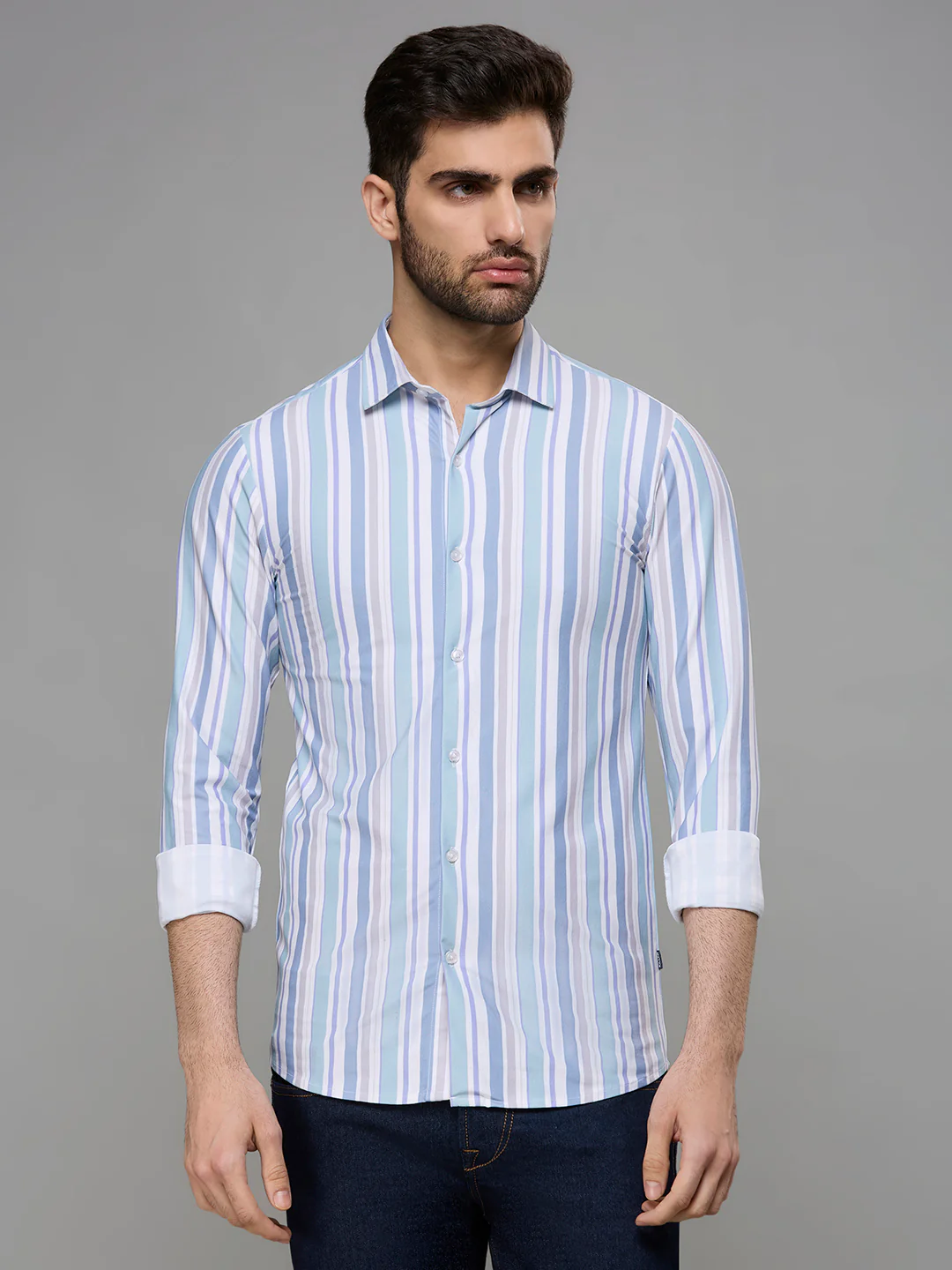 Men's Green Stripe Slim Fit Shirts - Image 3