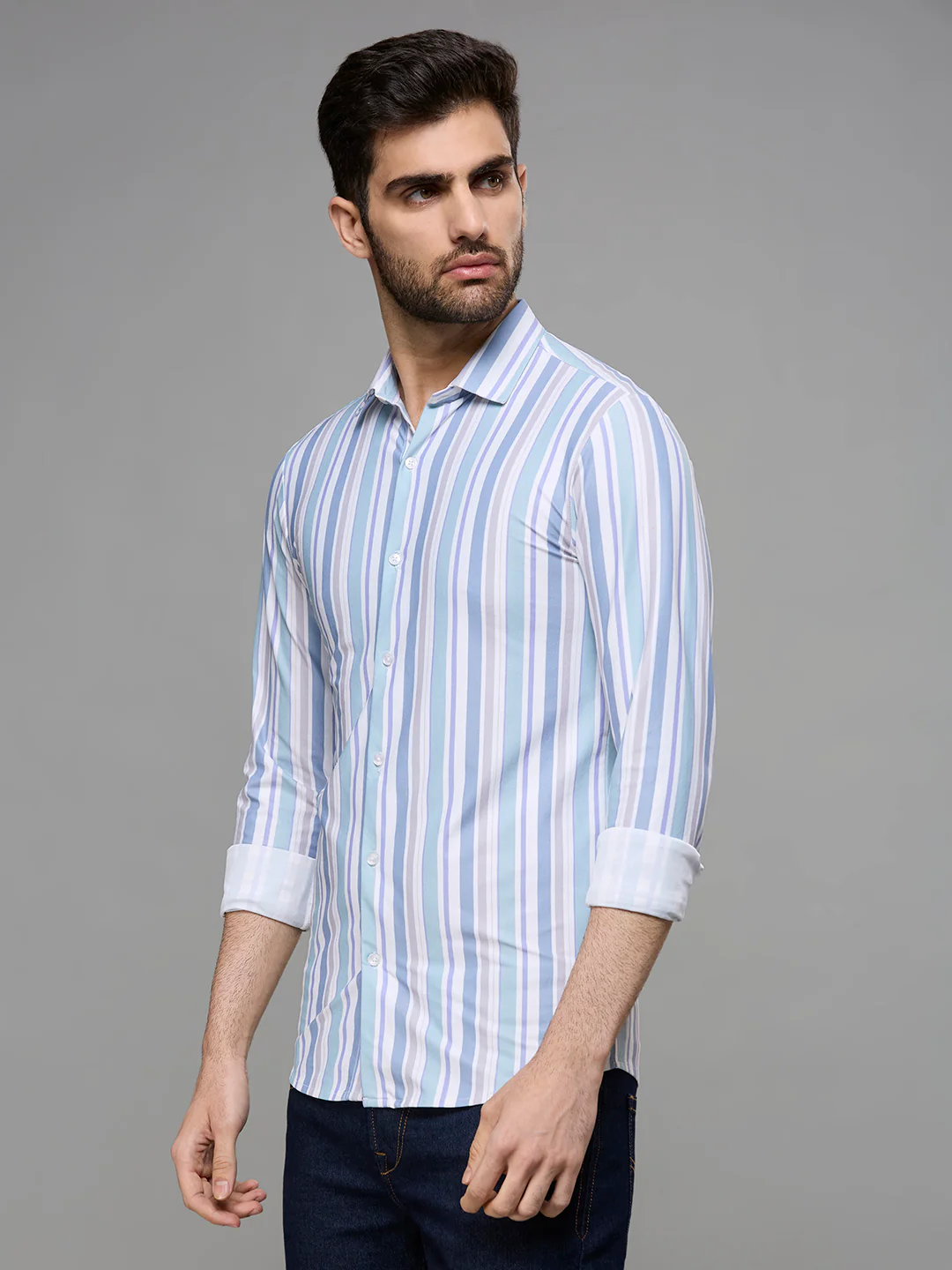 Men's Green Stripe Slim Fit Shirts - Image 4