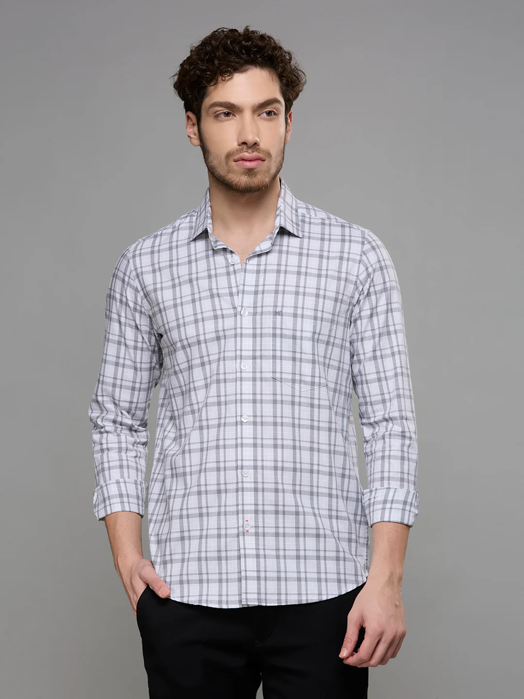 Men's Grey Checks Slim Fit Shirts - Image 3