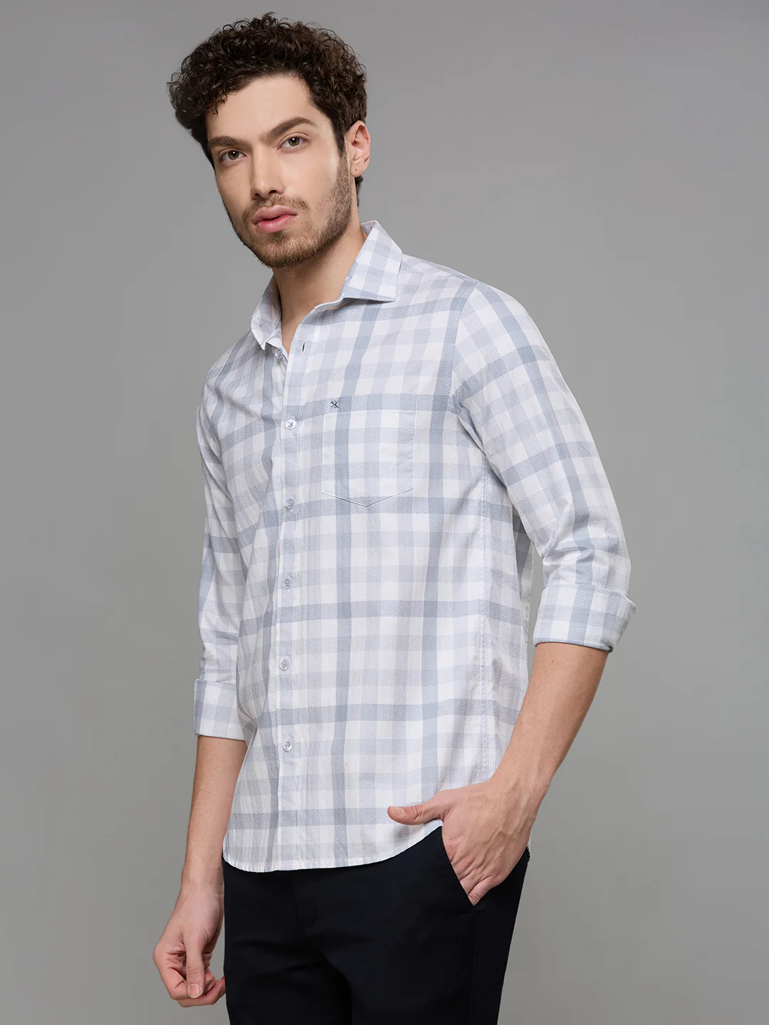 Men's Grey Checks Slim Fit Shirts - Image 4