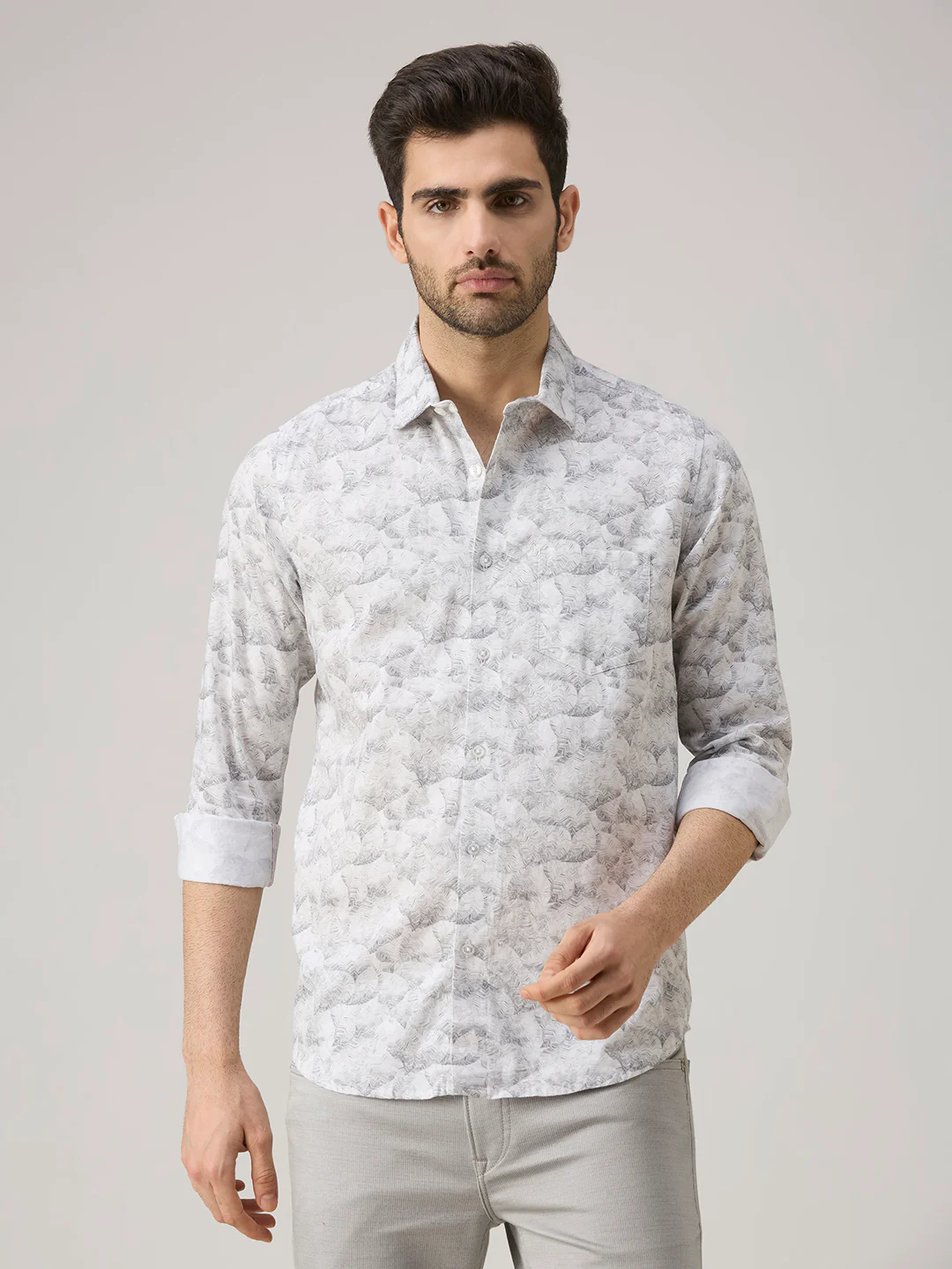 Men's Grey Printed Slim Fit Shirts - Image 3
