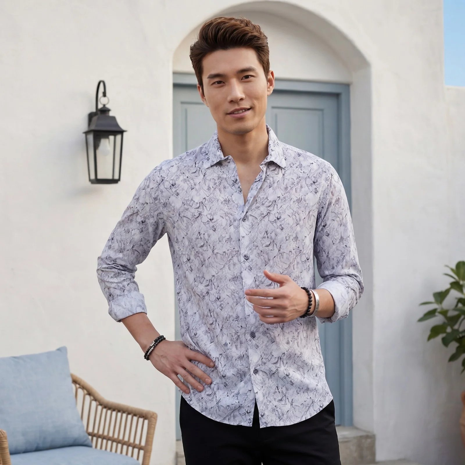 Men's Grey Printed Slim Fit Shirts - Image 2