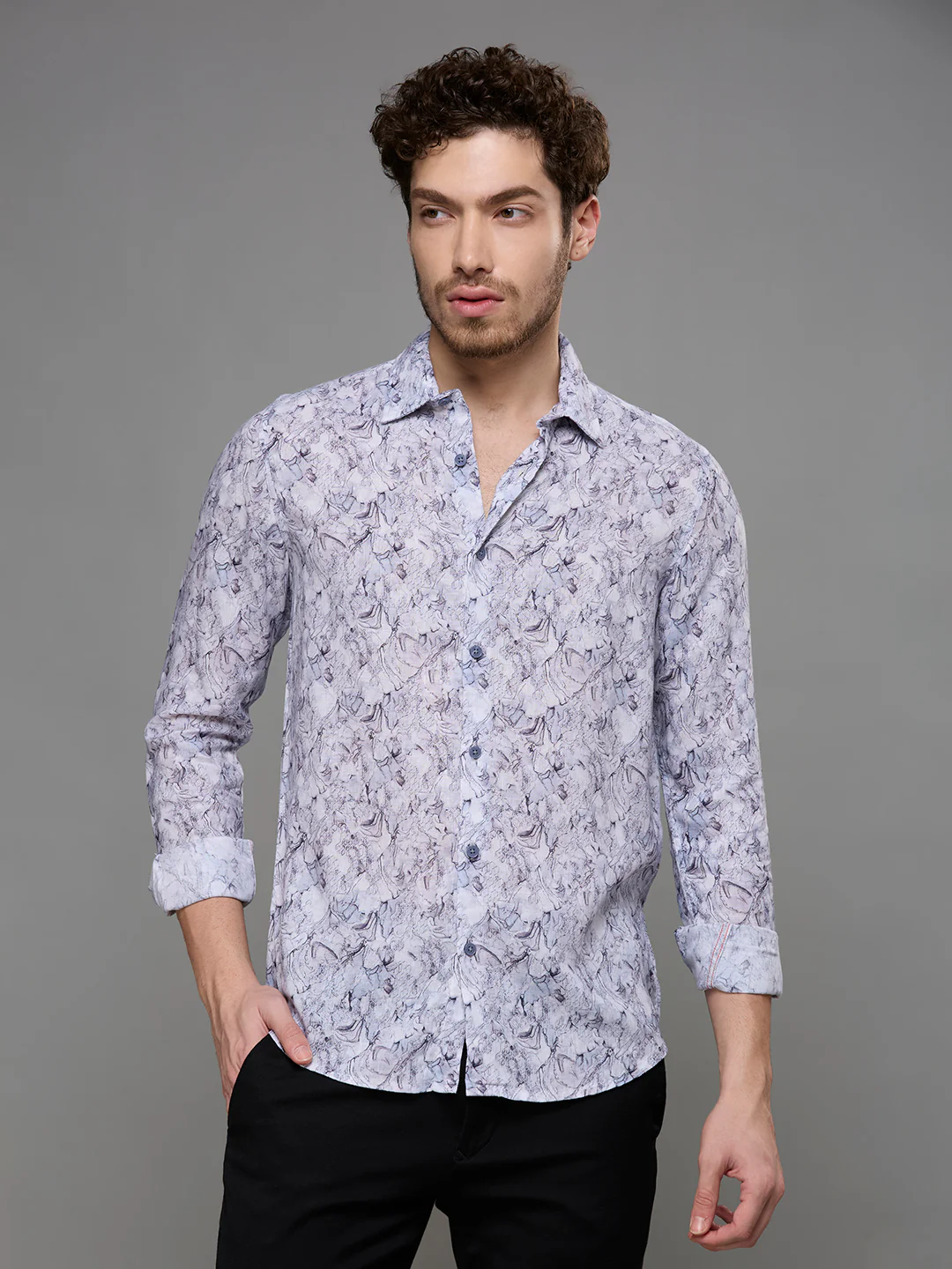 Men's Grey Printed Slim Fit Shirts - Image 3