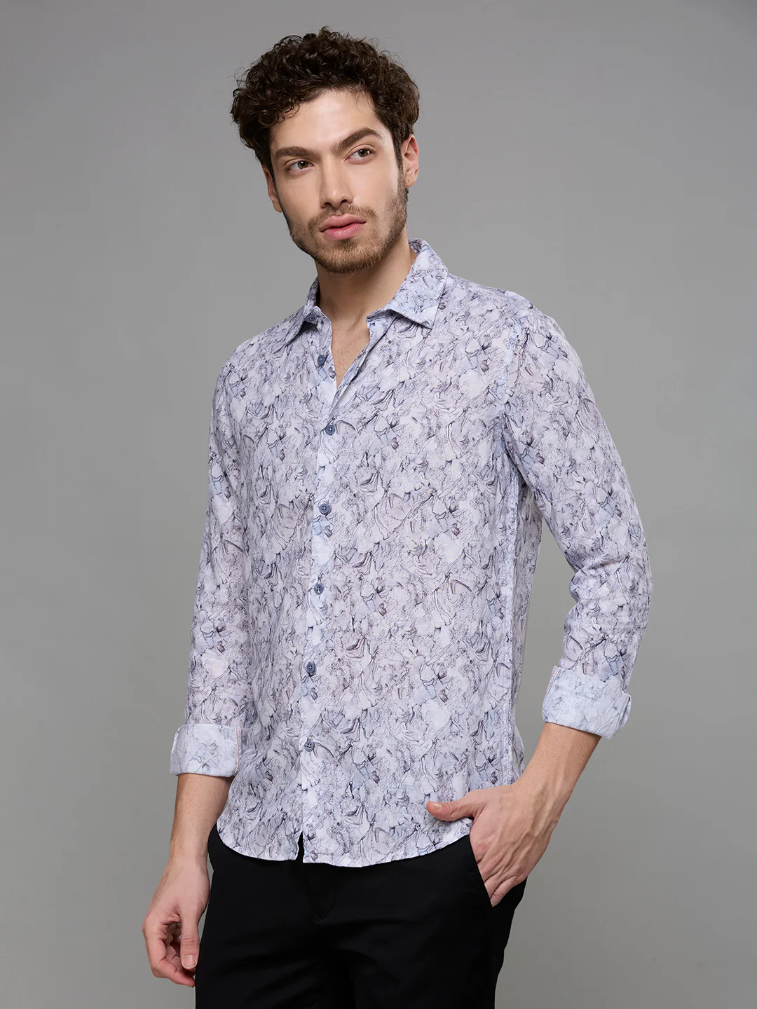 Men's Grey Printed Slim Fit Shirts - Image 4
