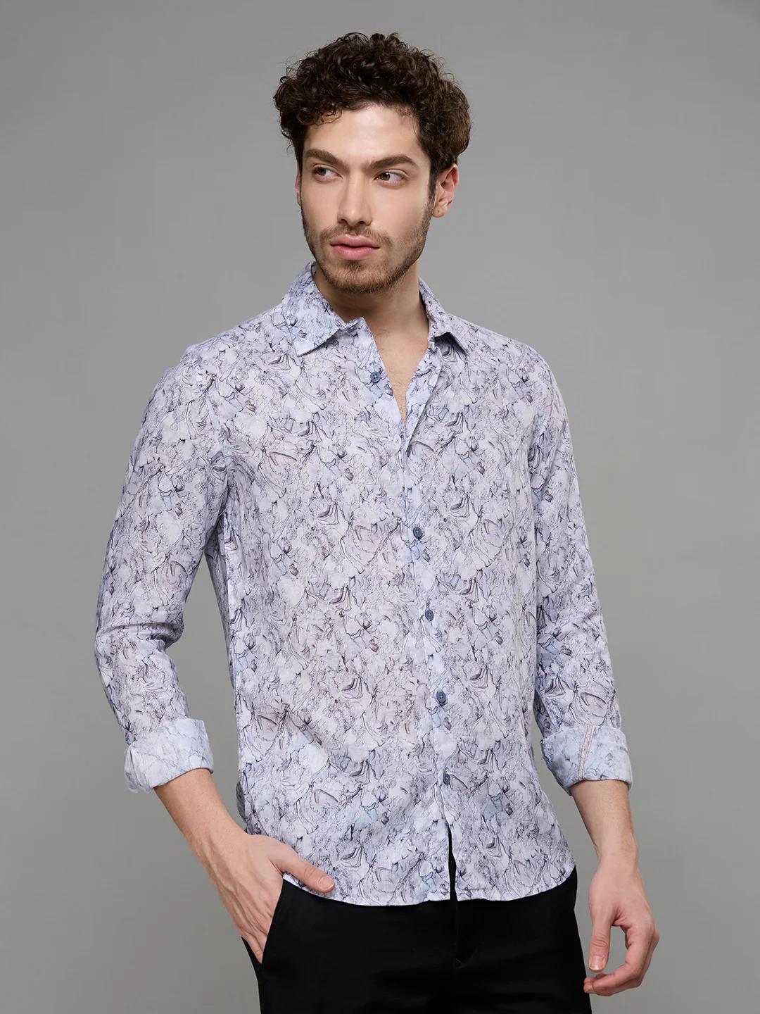 Men's Grey Printed Slim Fit Shirts - Image 5