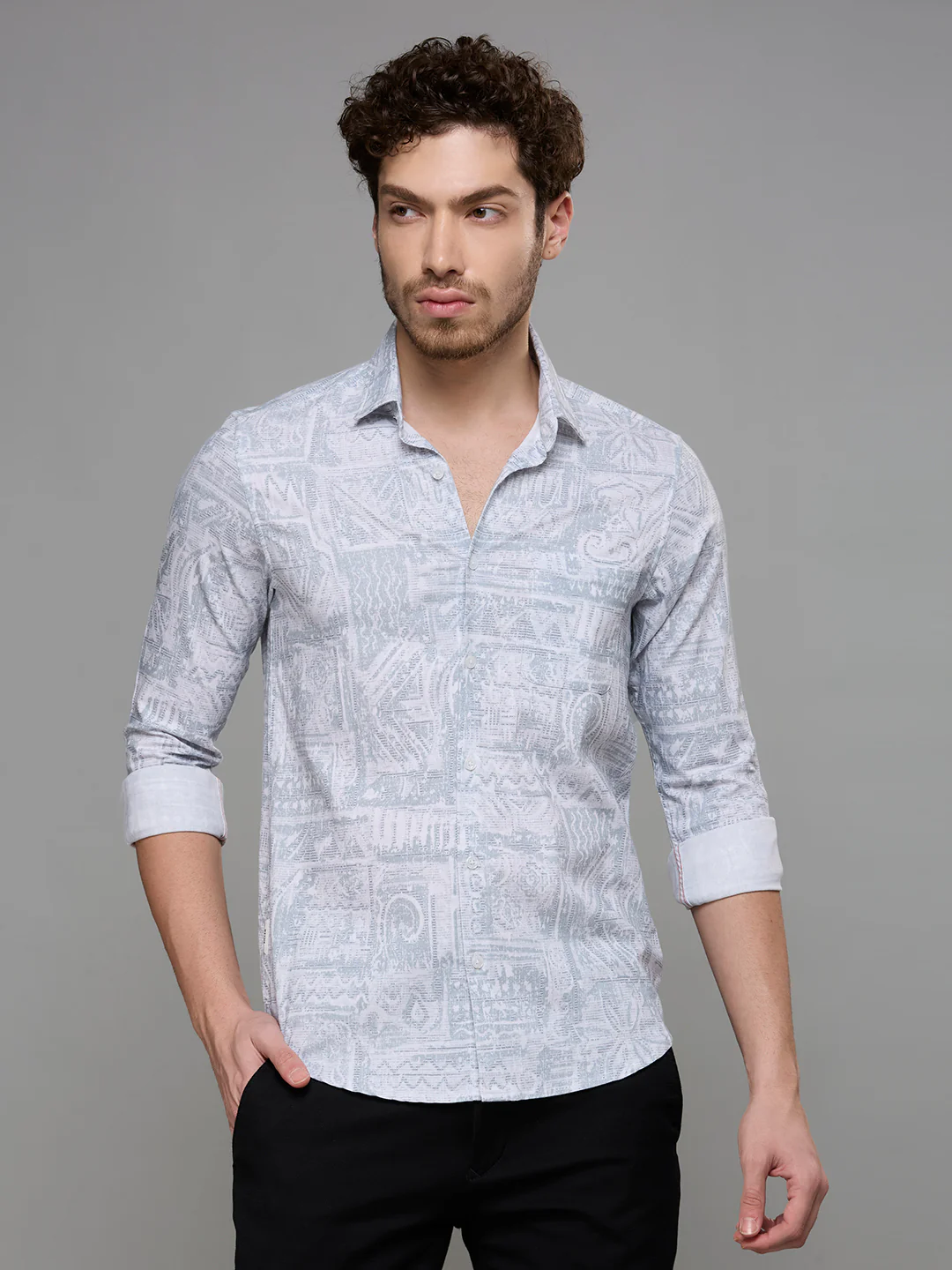 Men's Grey Printed Slim Fit Shirts - Image 3