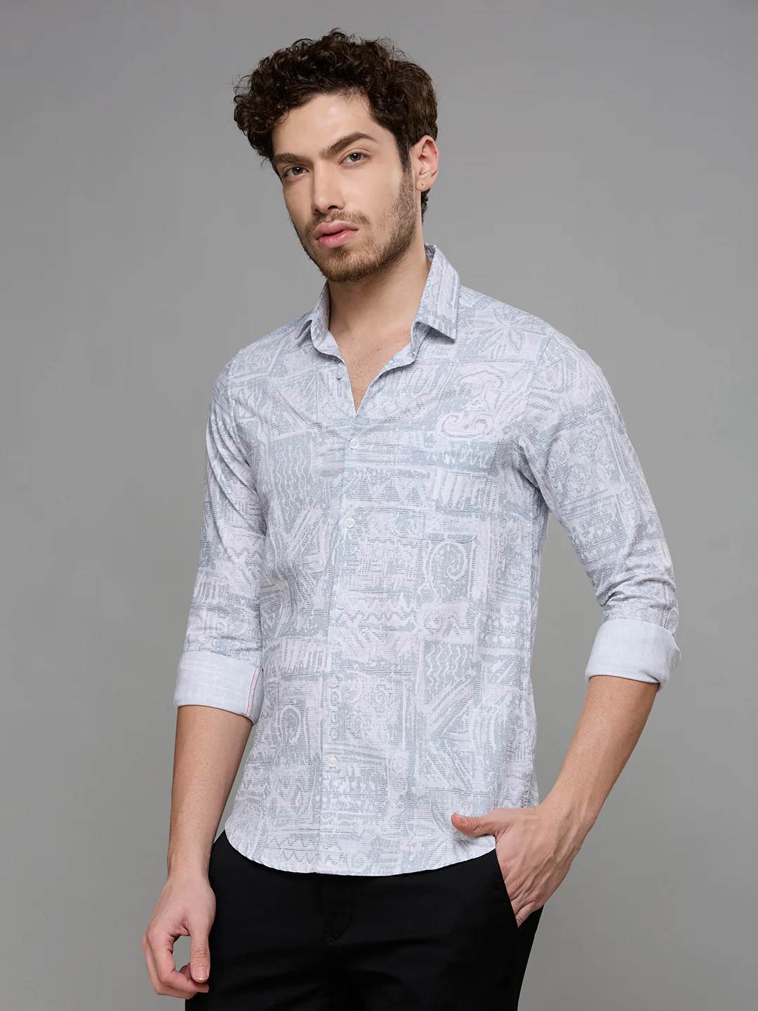 Men's Grey Printed Slim Fit Shirts - Image 4