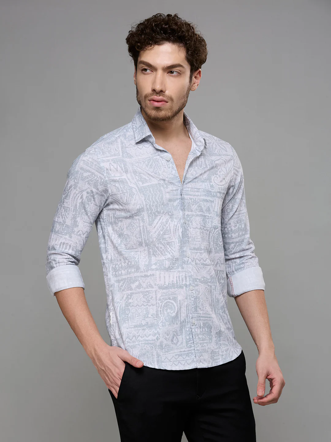 Men's Grey Printed Slim Fit Shirts - Image 5