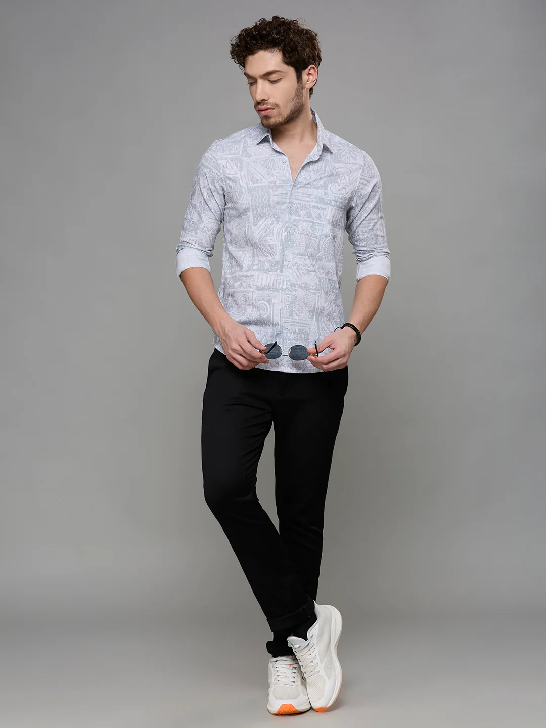 Men's Grey Printed Slim Fit Shirts - Image 8