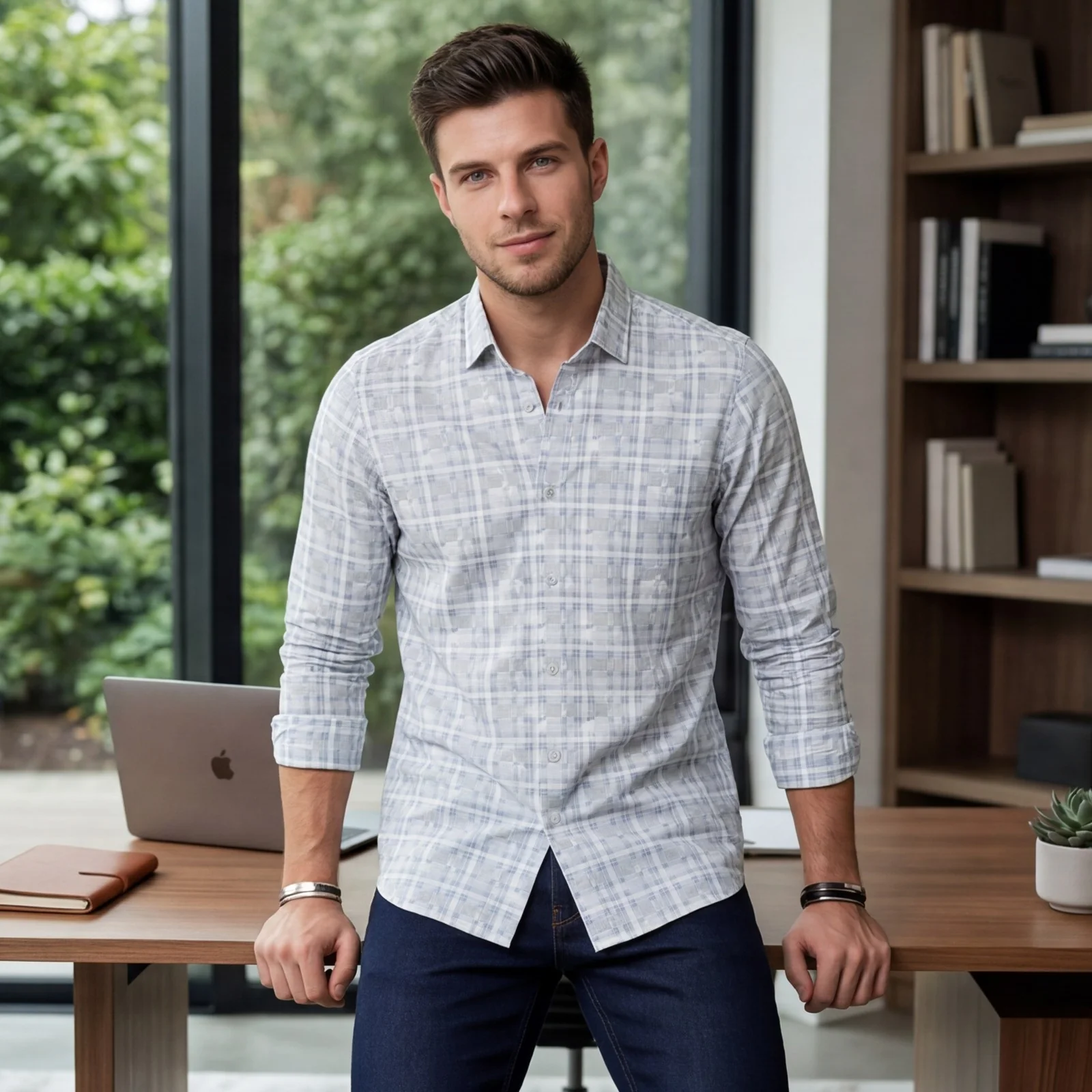 Men's Grey Printed Slim Fit Shirts - Image 2