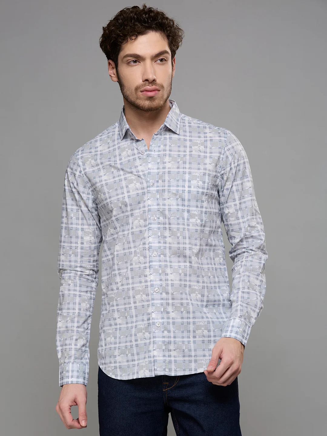 Men's Grey Printed Slim Fit Shirts - Image 3