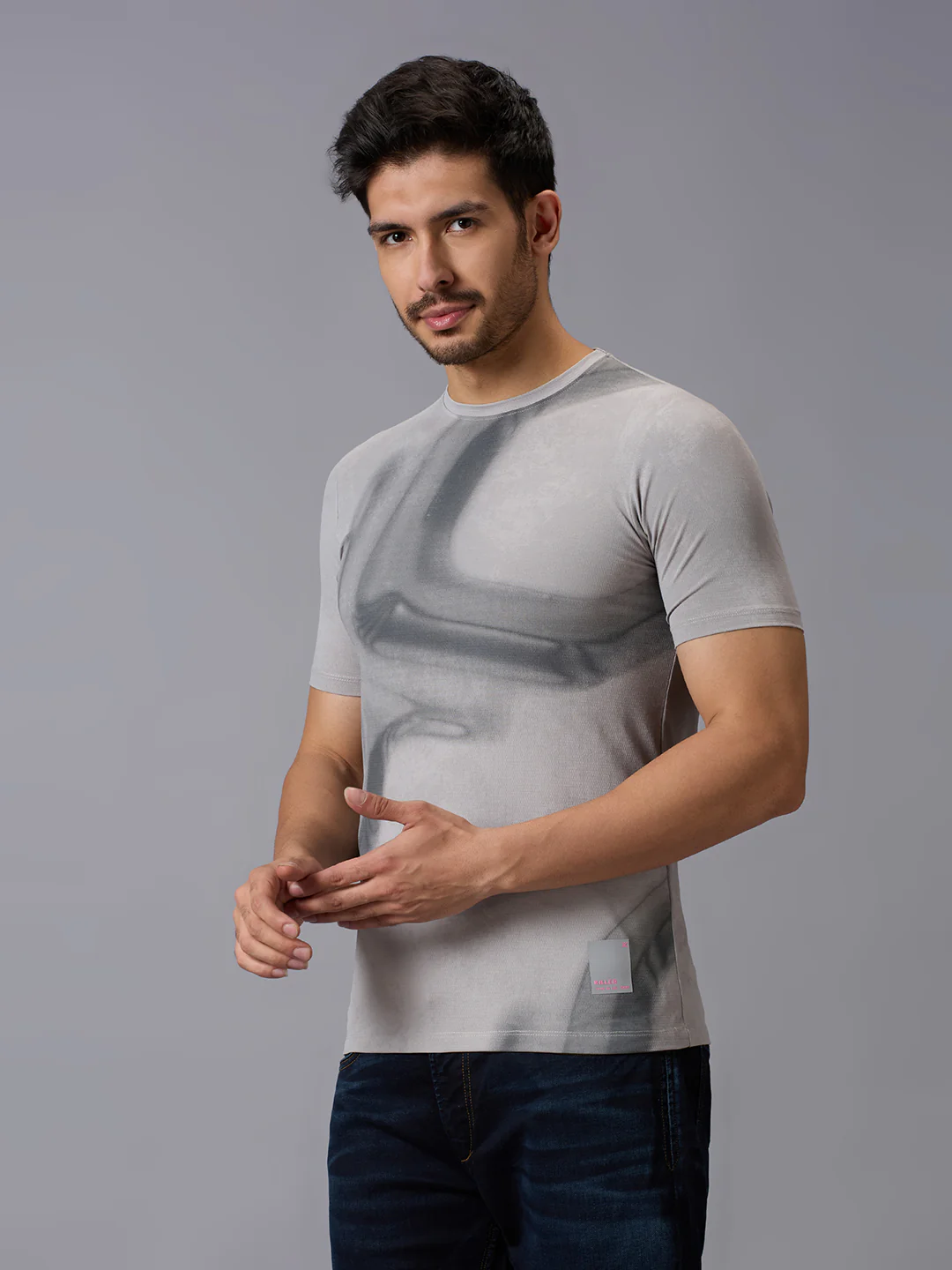 Men's Grey Printed Slim Fit T-Shirts - Image 2