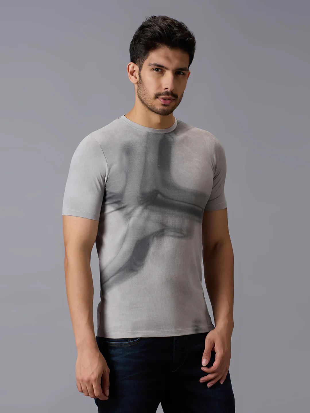 Men's Grey Printed Slim Fit T-Shirts - Image 3
