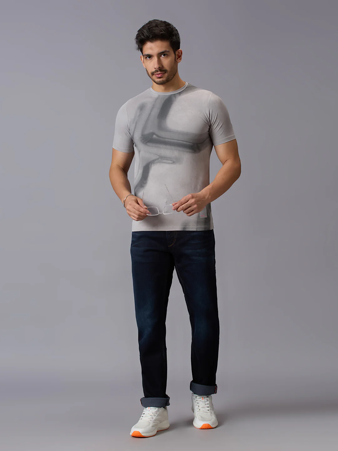 Men's Grey Printed Slim Fit T-Shirts - Image 6