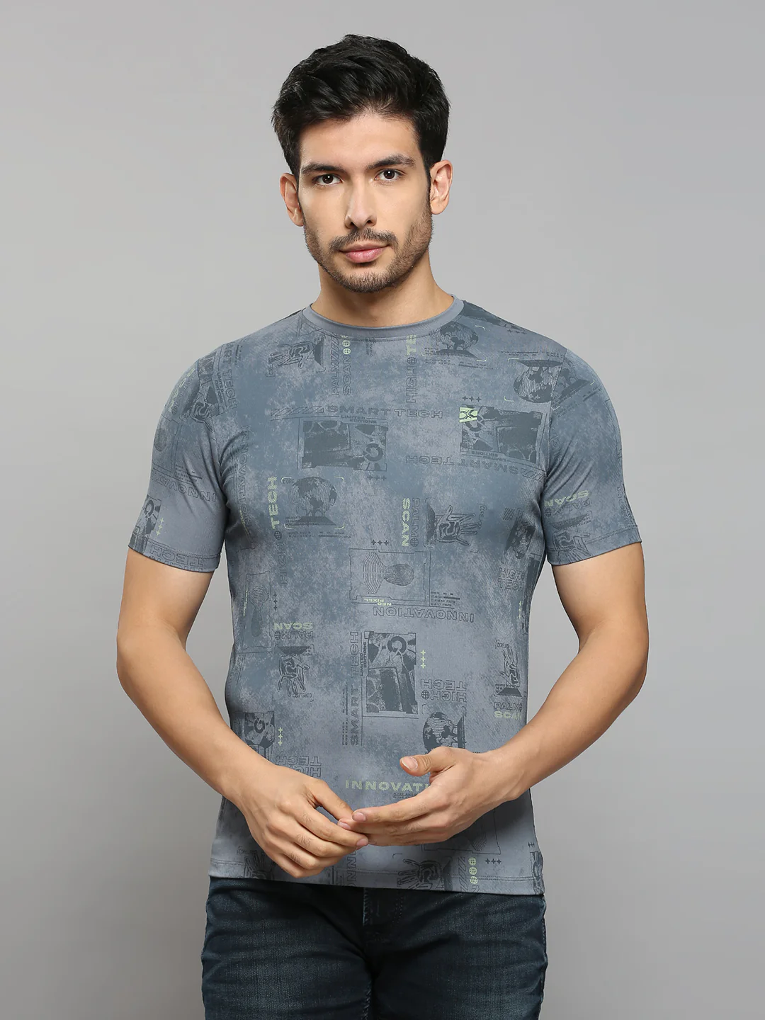Men's Grey Printed Slim Fit T-Shirts