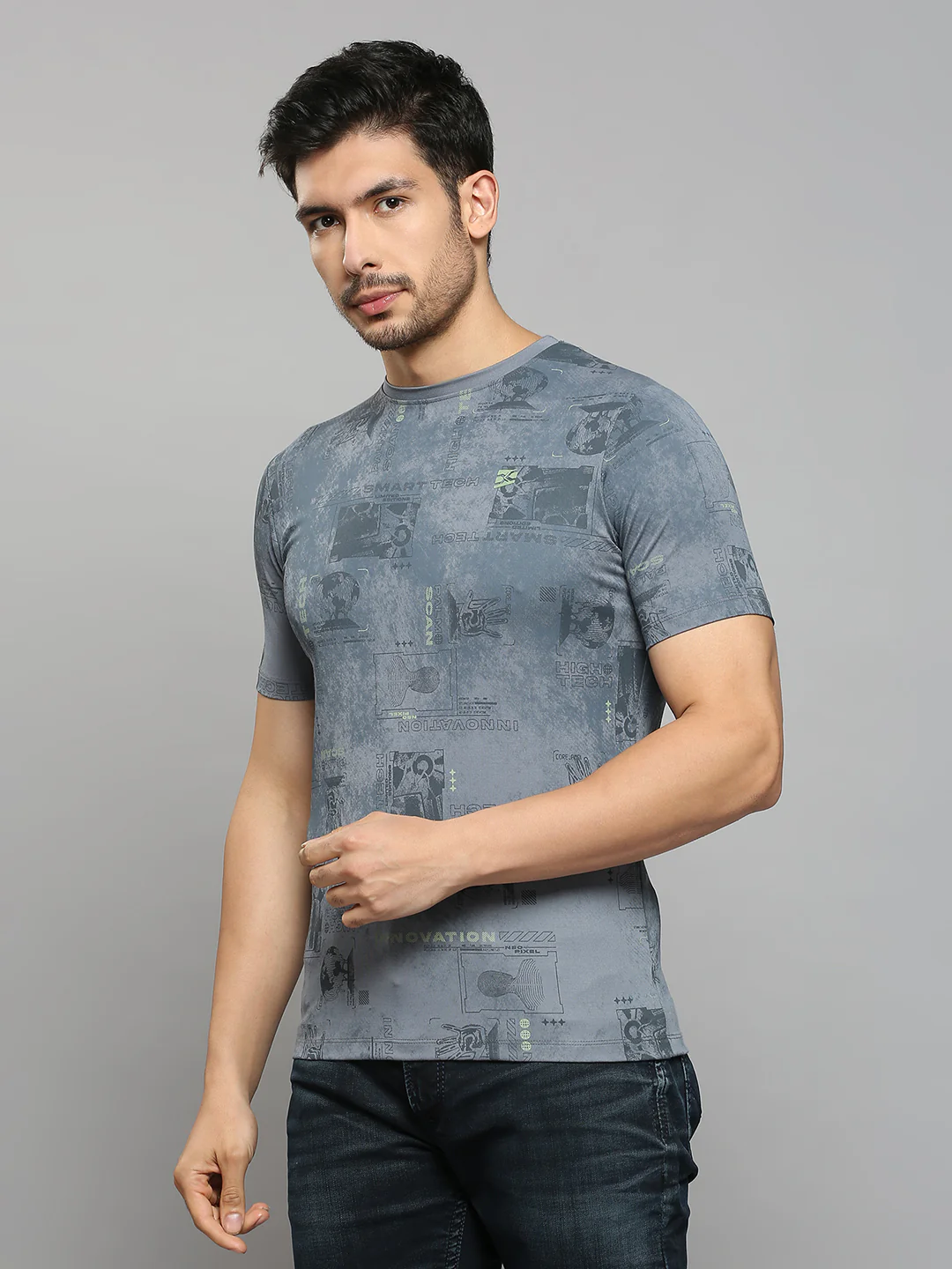 Men's Grey Printed Slim Fit T-Shirts - Image 2