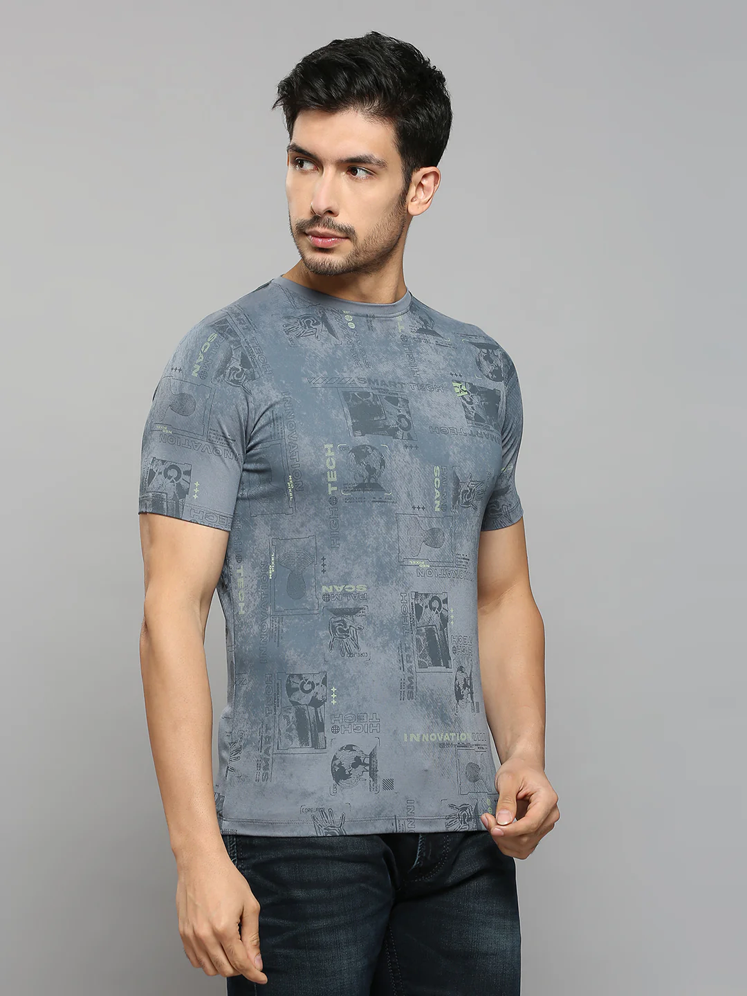 Men's Grey Printed Slim Fit T-Shirts - Image 3
