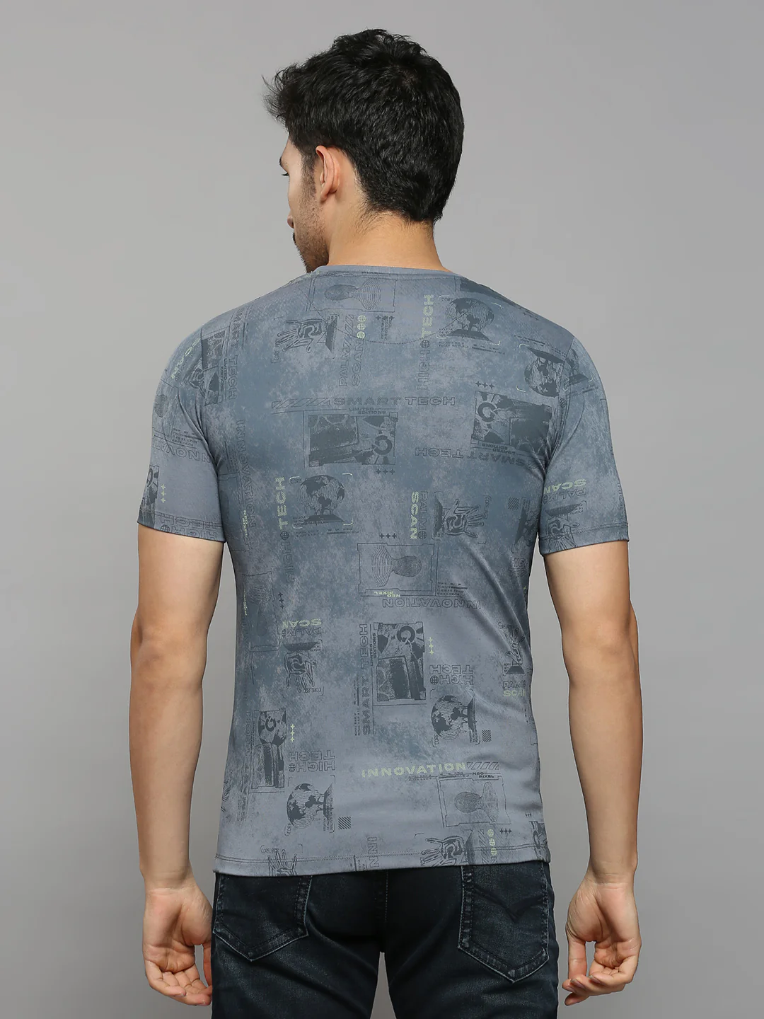 Men's Grey Printed Slim Fit T-Shirts - Image 4