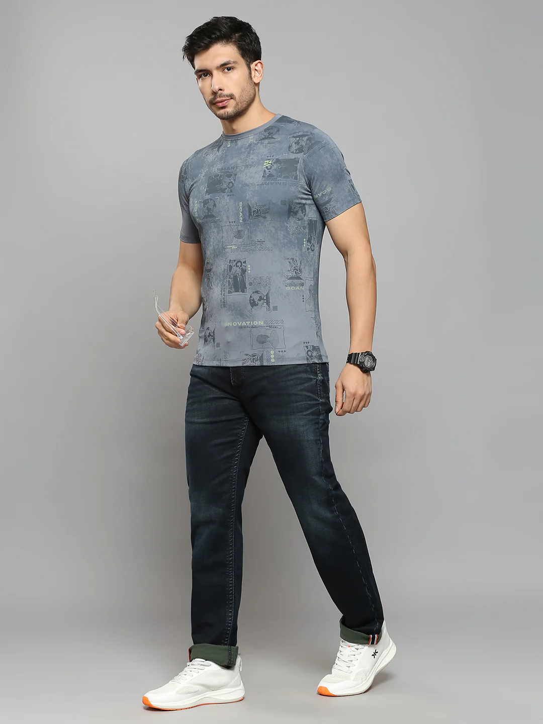 Men's Grey Printed Slim Fit T-Shirts - Image 6