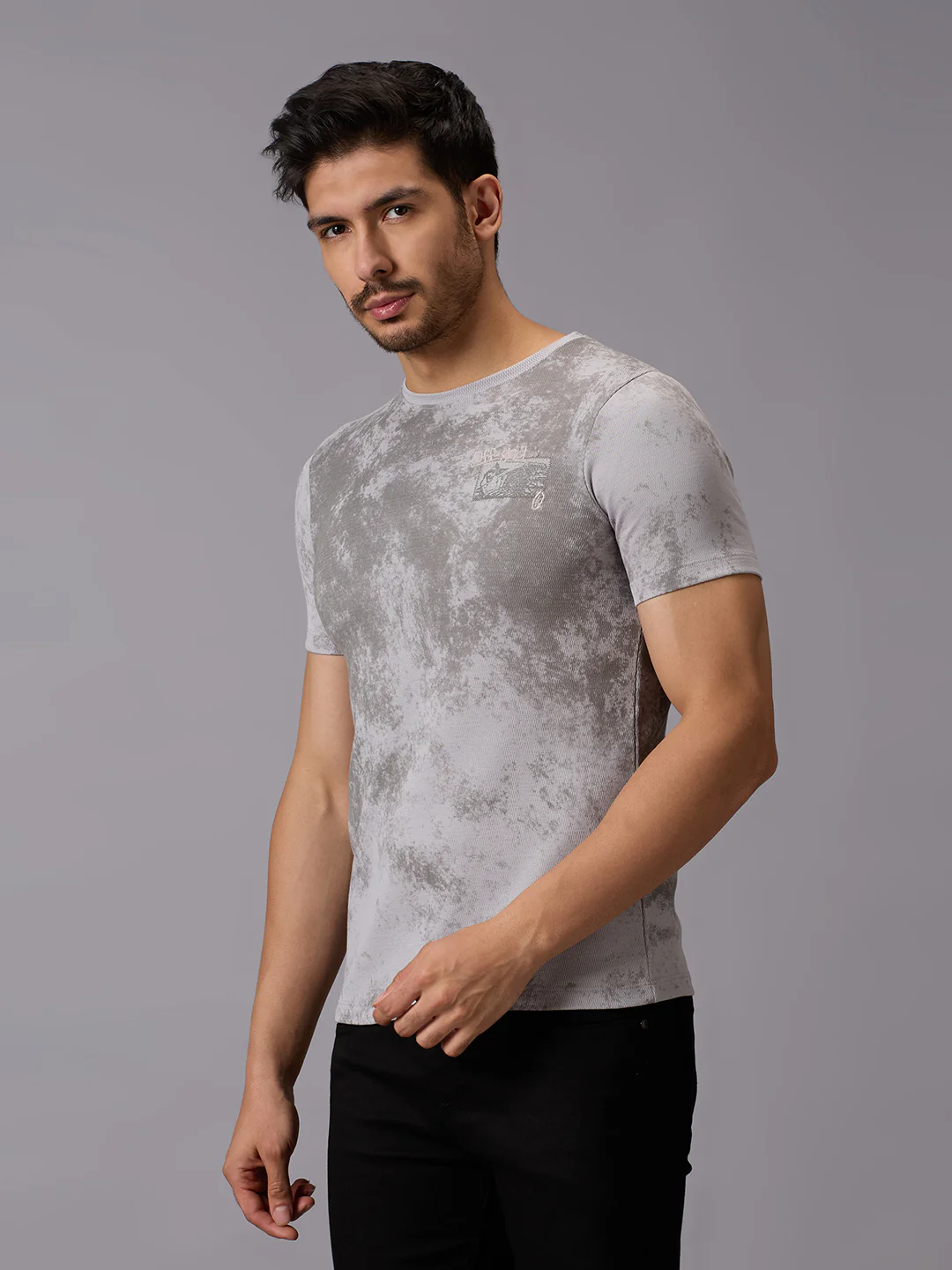 Men's Grey Printed Slim Fit T-Shirts - Image 2