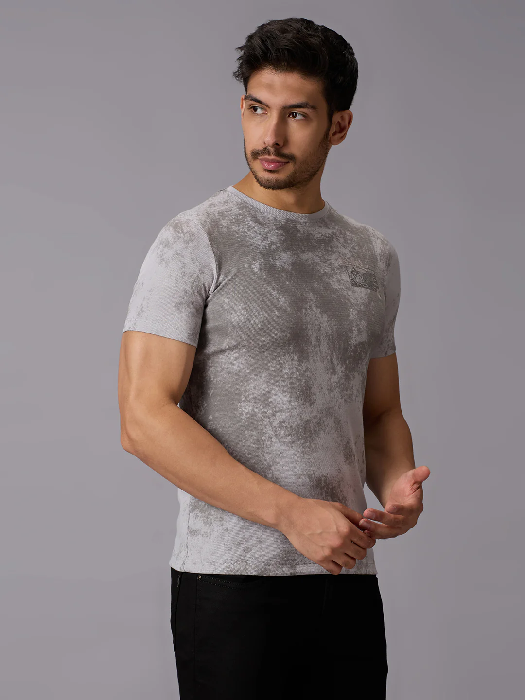 Men's Grey Printed Slim Fit T-Shirts - Image 3