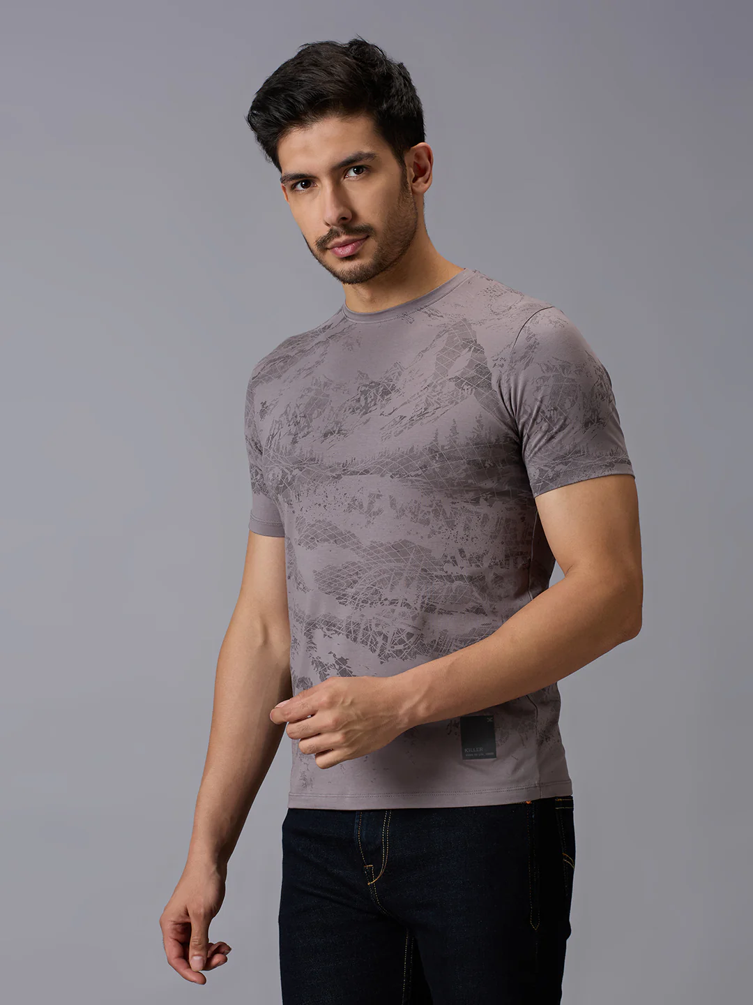 Men's Grey Printed Slim Fit T-Shirts - Image 2