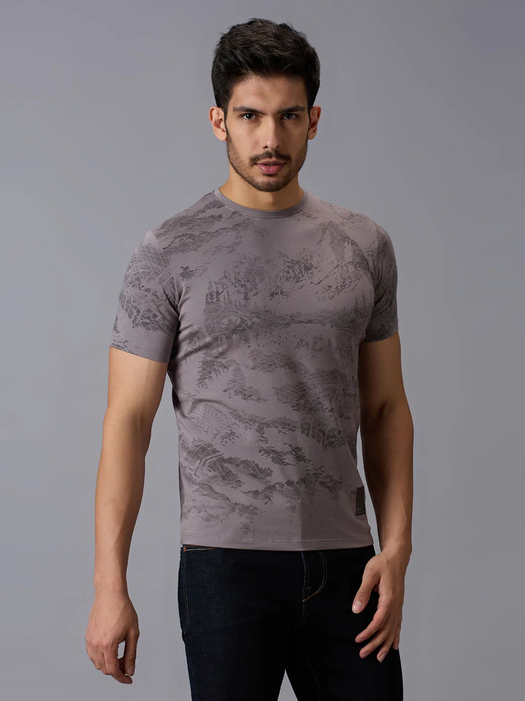 Men's Grey Printed Slim Fit T-Shirts - Image 3