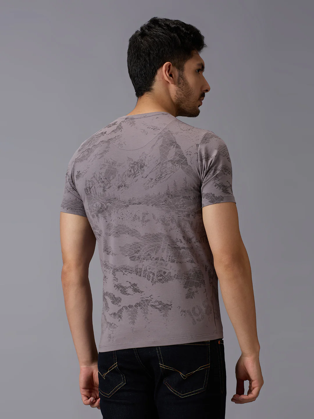 Men's Grey Printed Slim Fit T-Shirts - Image 4