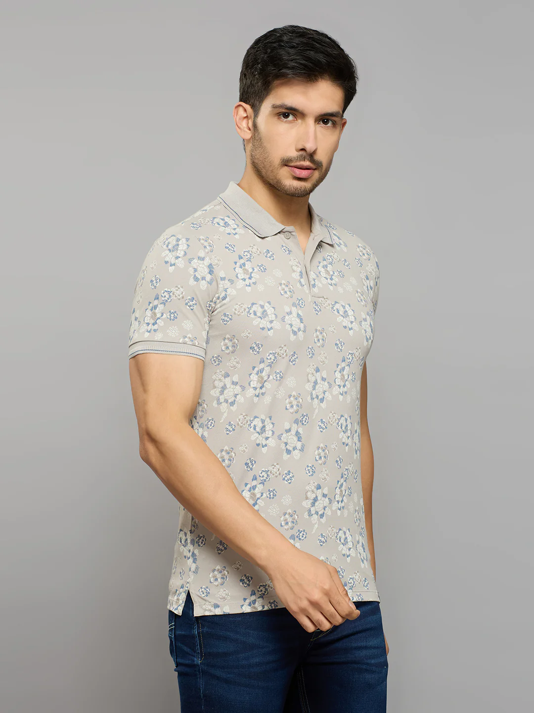 Men's Grey Printed Slim Fit T-Shirts - Image 3