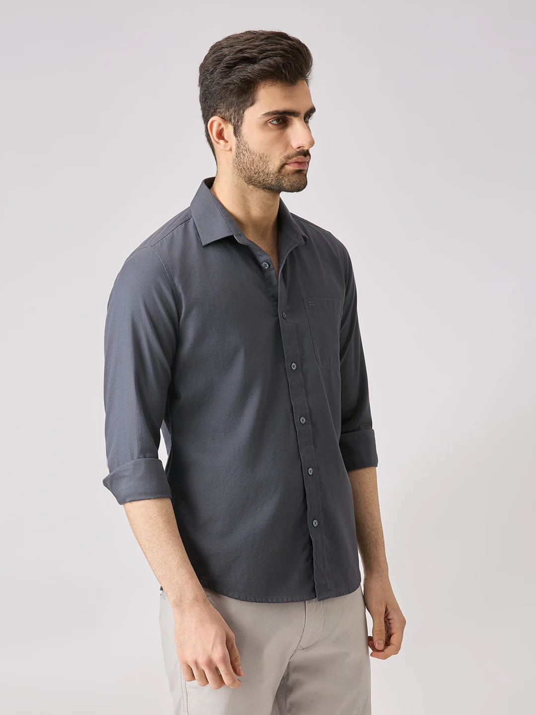 Men's Grey Solid Slim Fit Shirts - Image 5