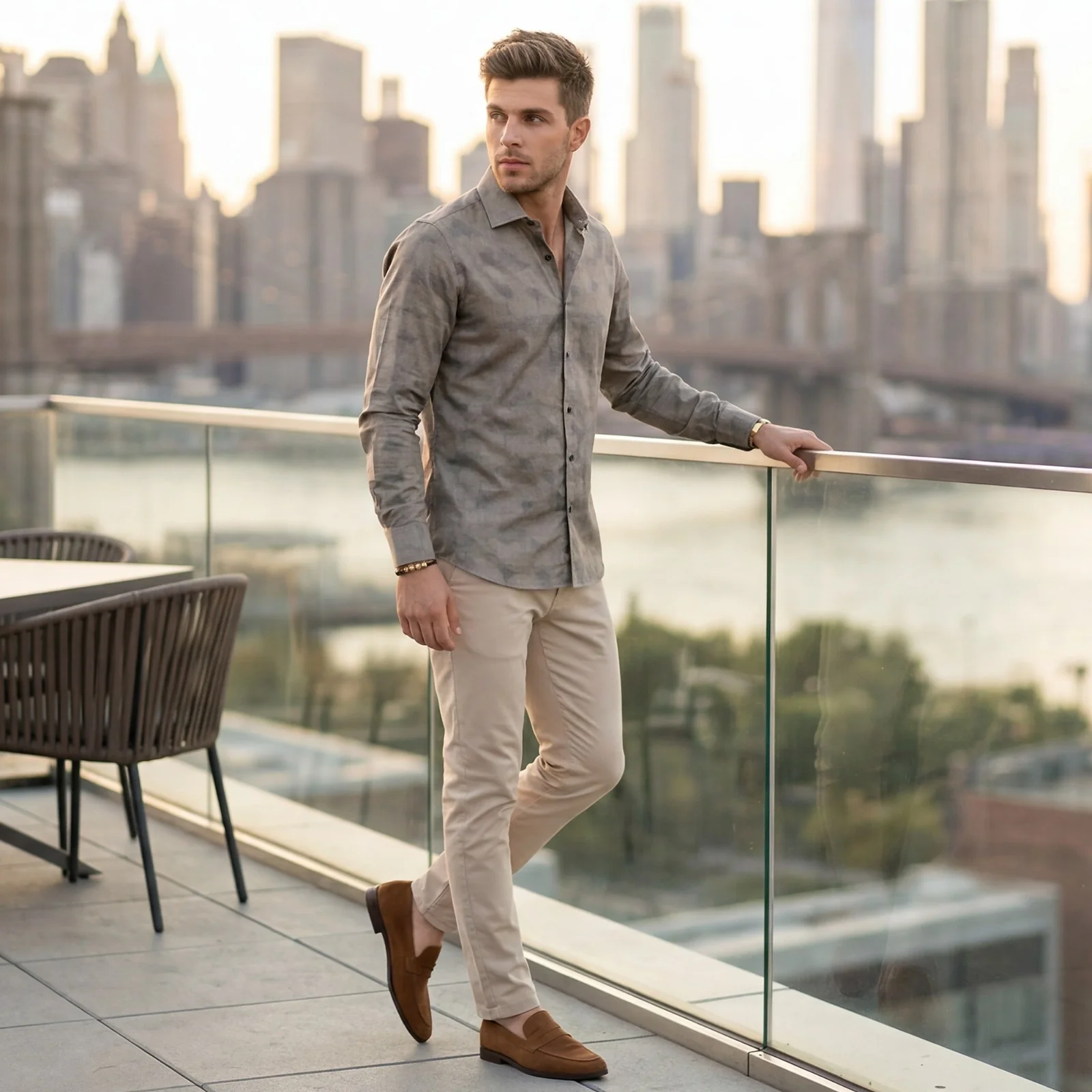 Men's Khaki Printed Slim Fit Shirts