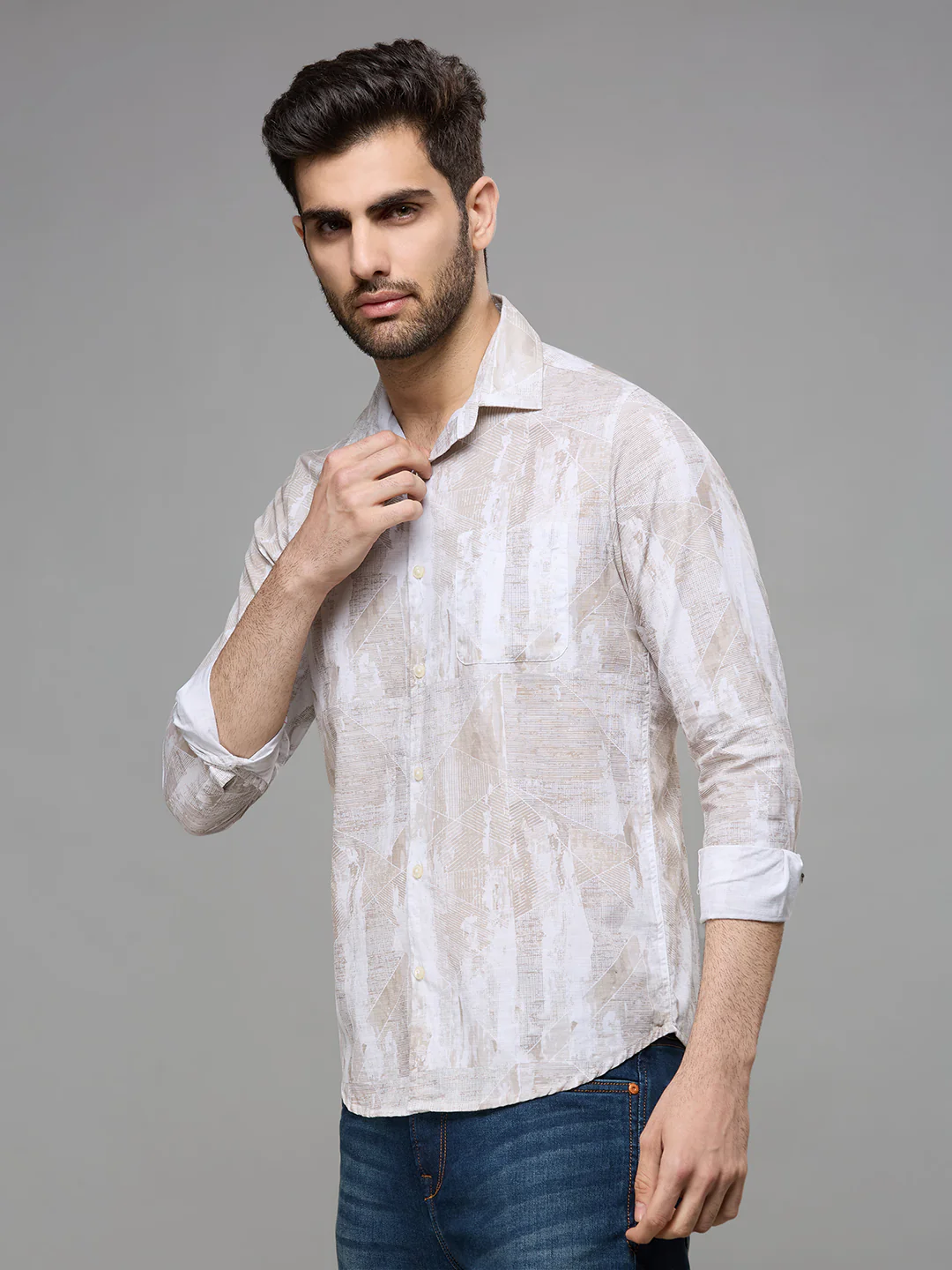 Men's Khaki Printed Slim Fit Shirts - Image 4