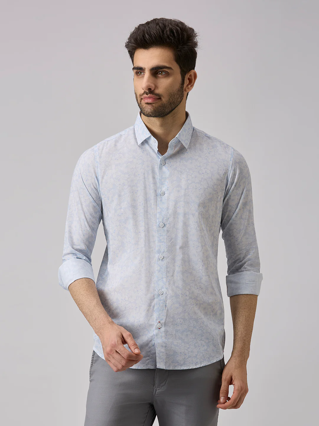 Men's Light Blue Printed Slim Fit Shirts - Image 4