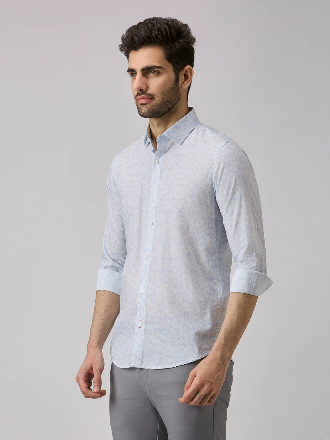 Men's Light Blue Printed Slim Fit Shirts - Image 5