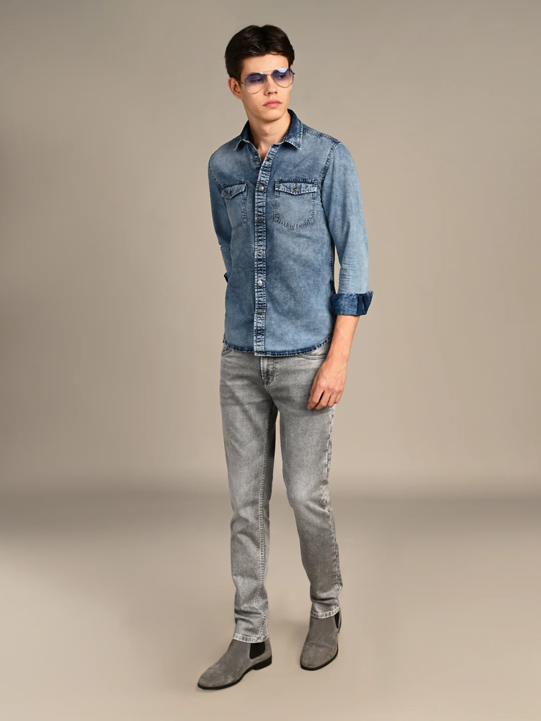 Men's Light Blue Solid Slim Fit Shirts - Image 3