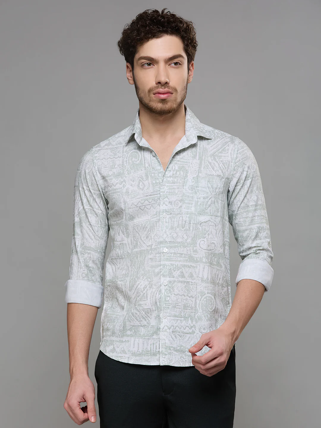 Men's Light Green Printed Slim Fit Shirts - Image 3