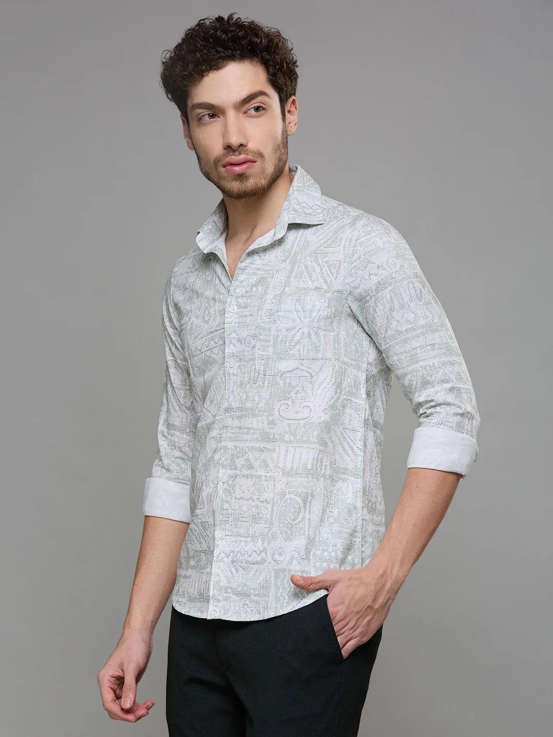Men's Light Green Printed Slim Fit Shirts - Image 4