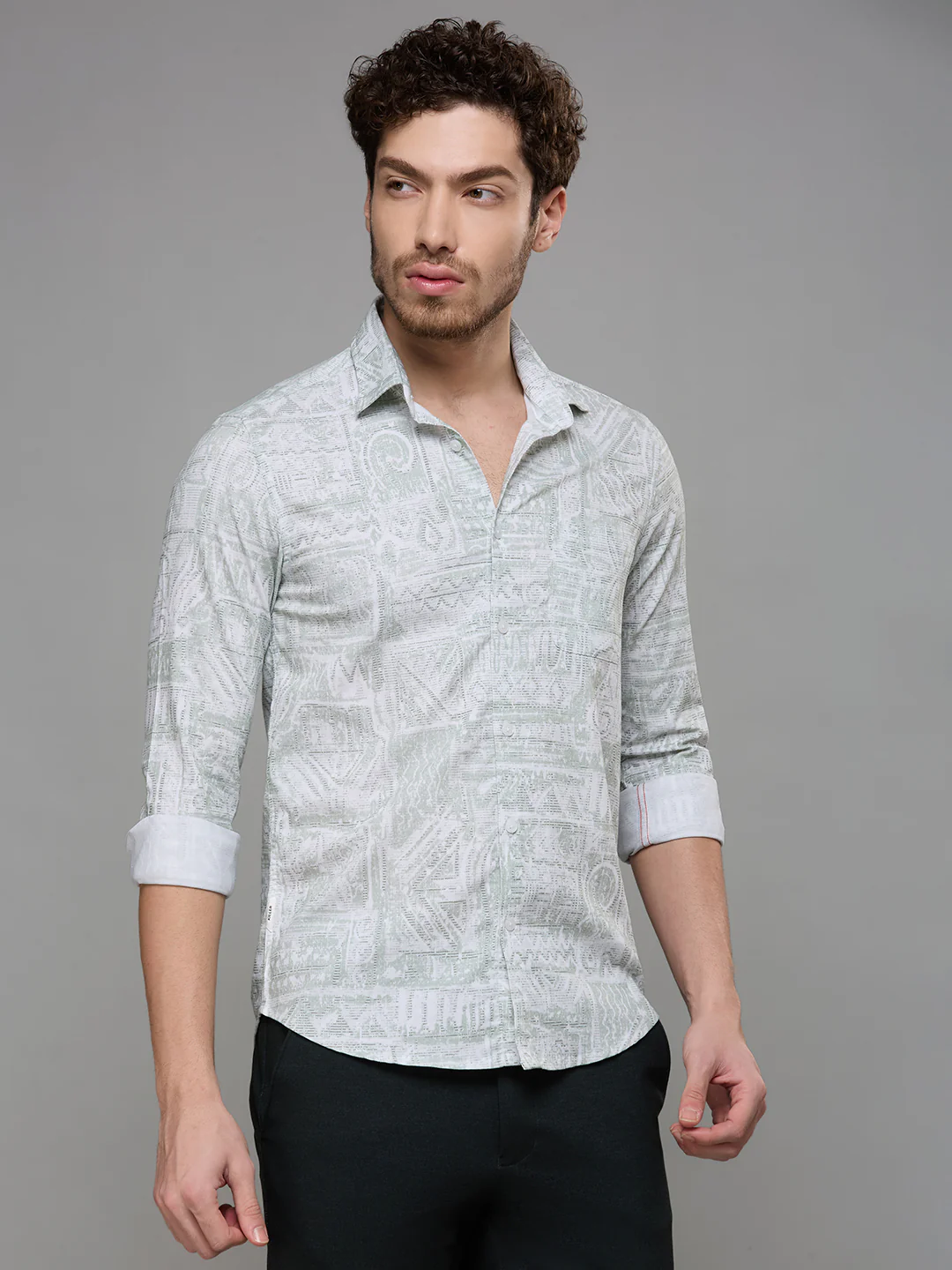 Men's Light Green Printed Slim Fit Shirts - Image 5