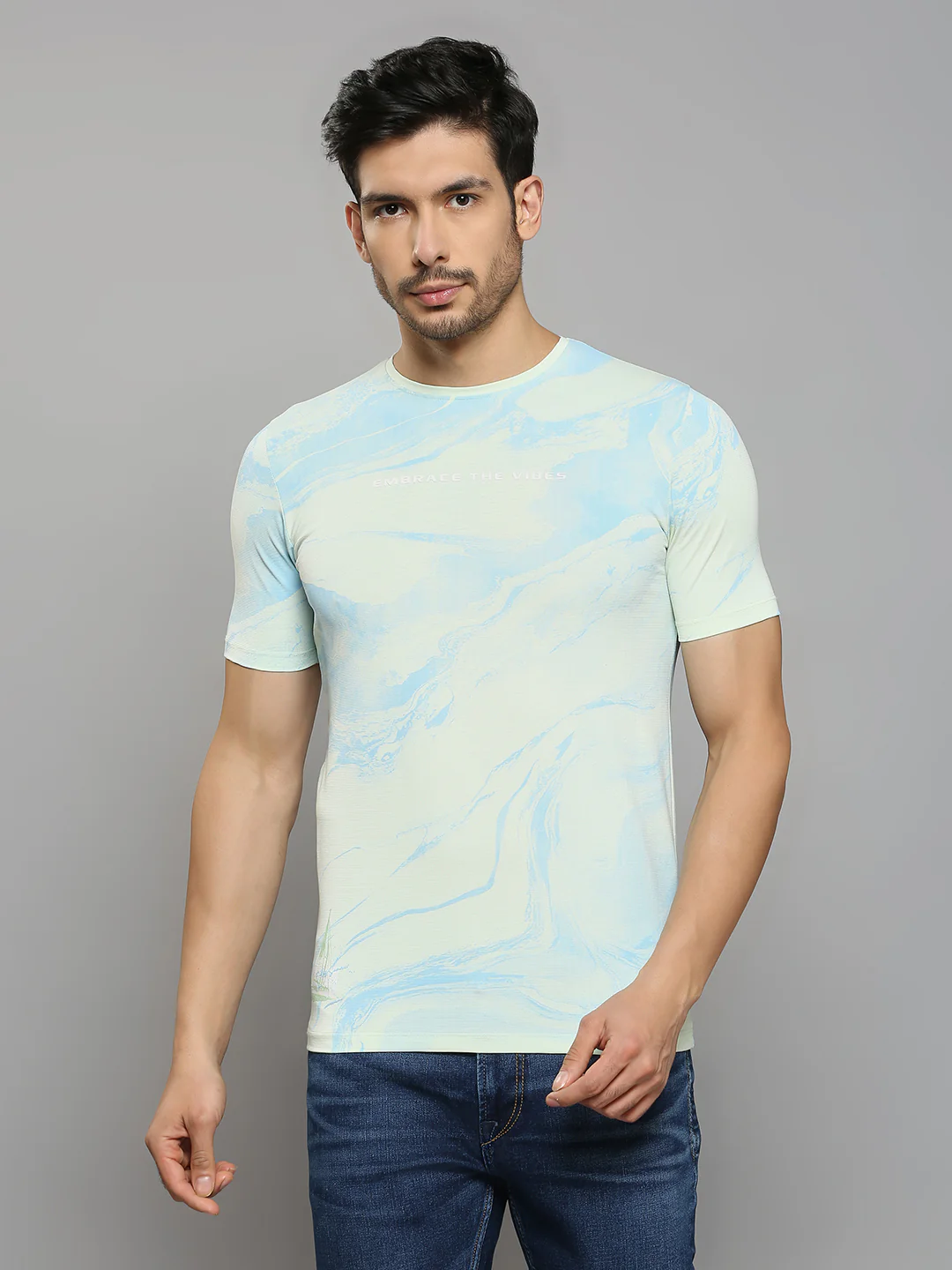 Men's Light Green Printed Slim Fit T-Shirts