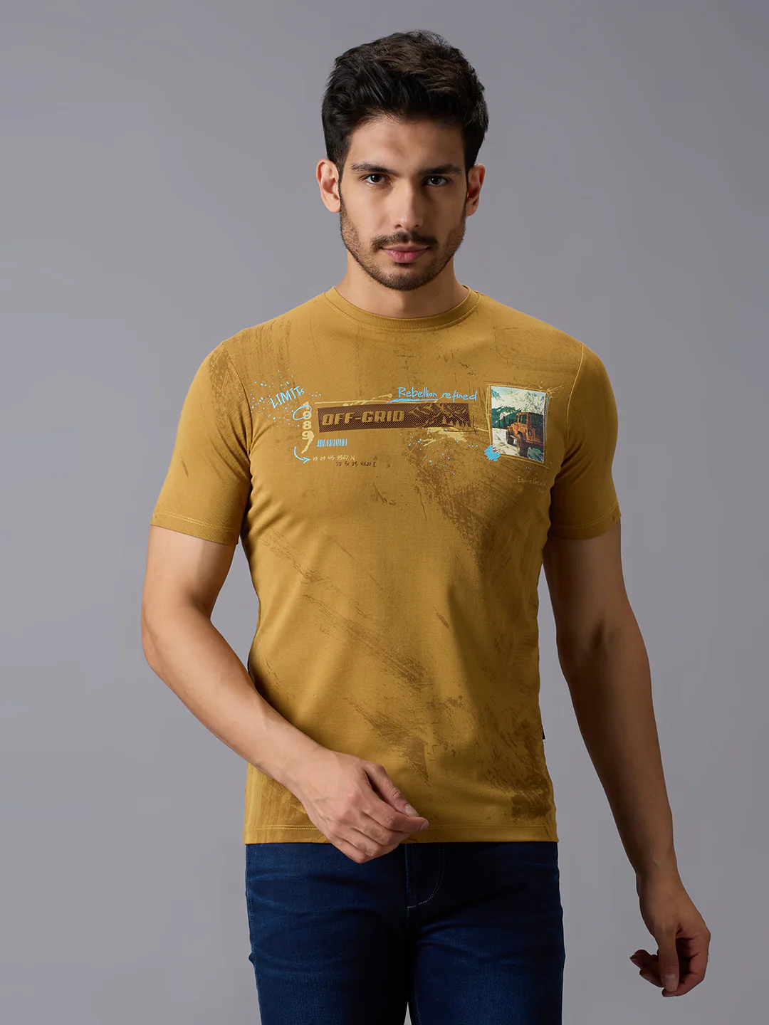 Men's Mustard Printed Slim Fit T-Shirts
