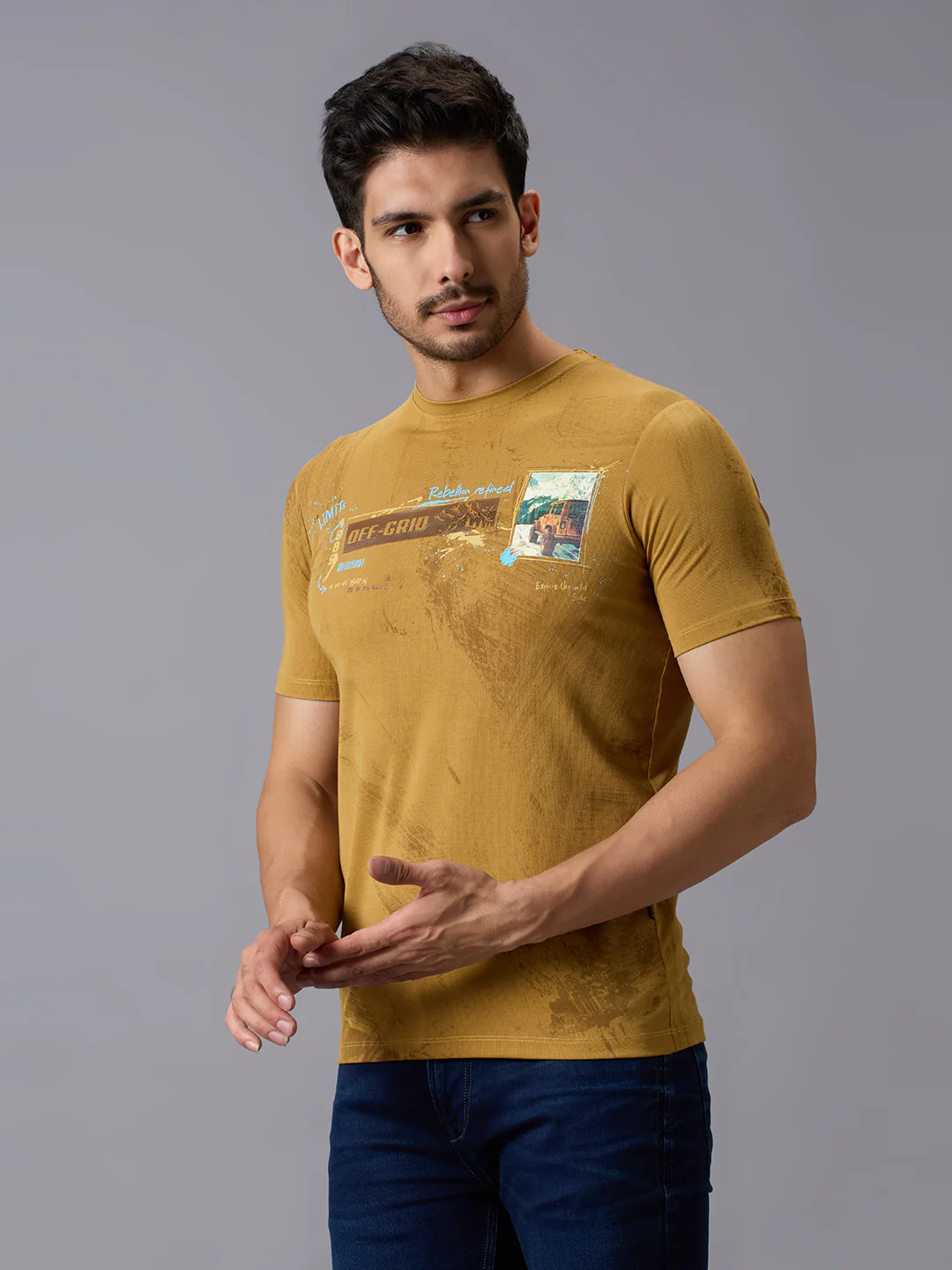 Men's Mustard Printed Slim Fit T-Shirts - Image 2