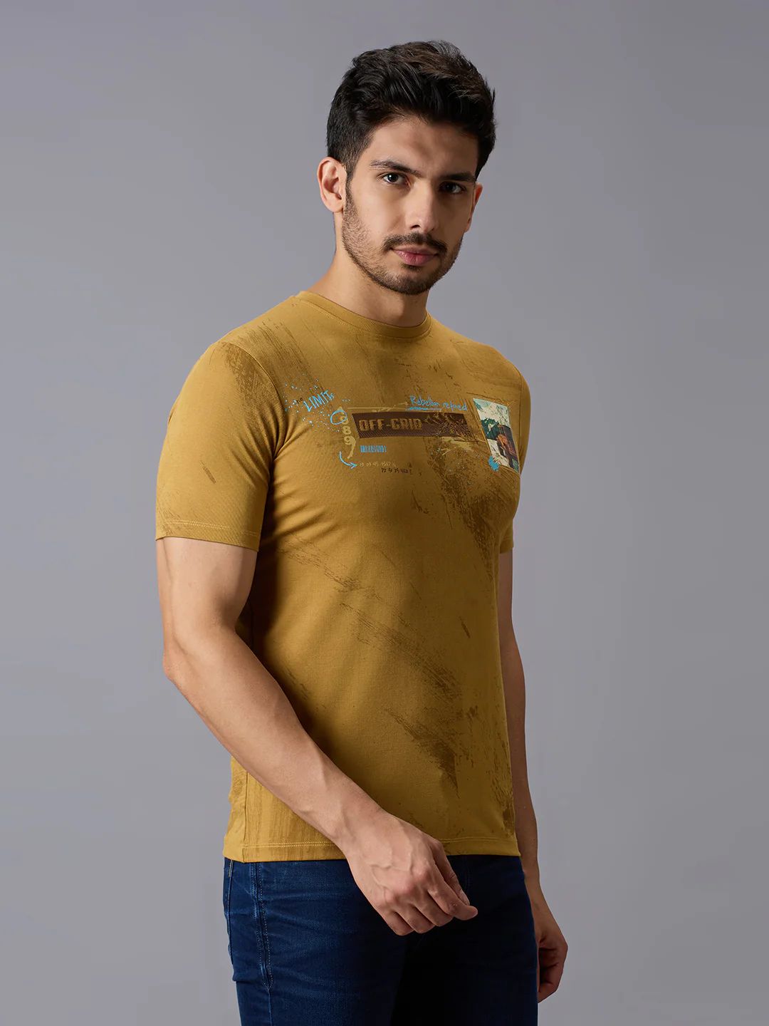 Men's Mustard Printed Slim Fit T-Shirts - Image 3