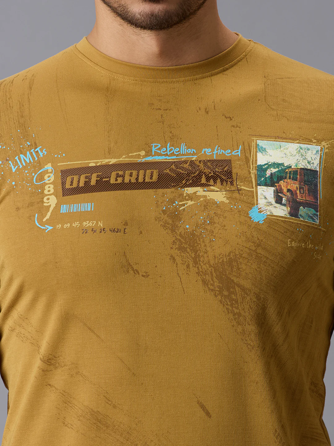 Men's Mustard Printed Slim Fit T-Shirts - Image 5