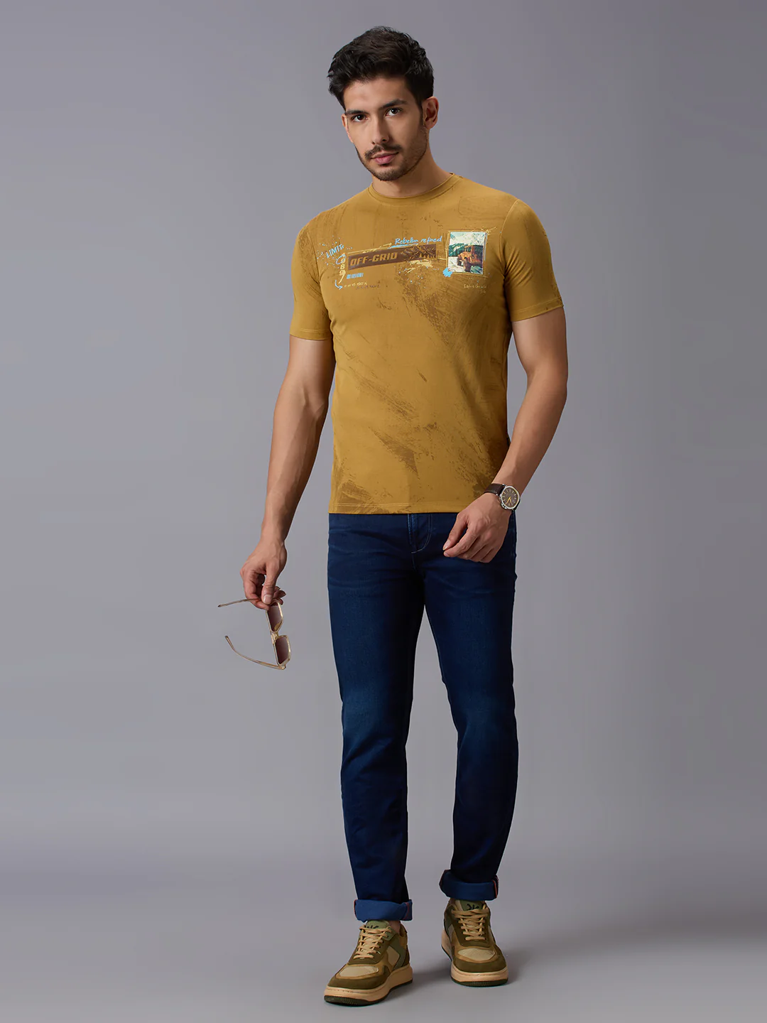Men's Mustard Printed Slim Fit T-Shirts - Image 6