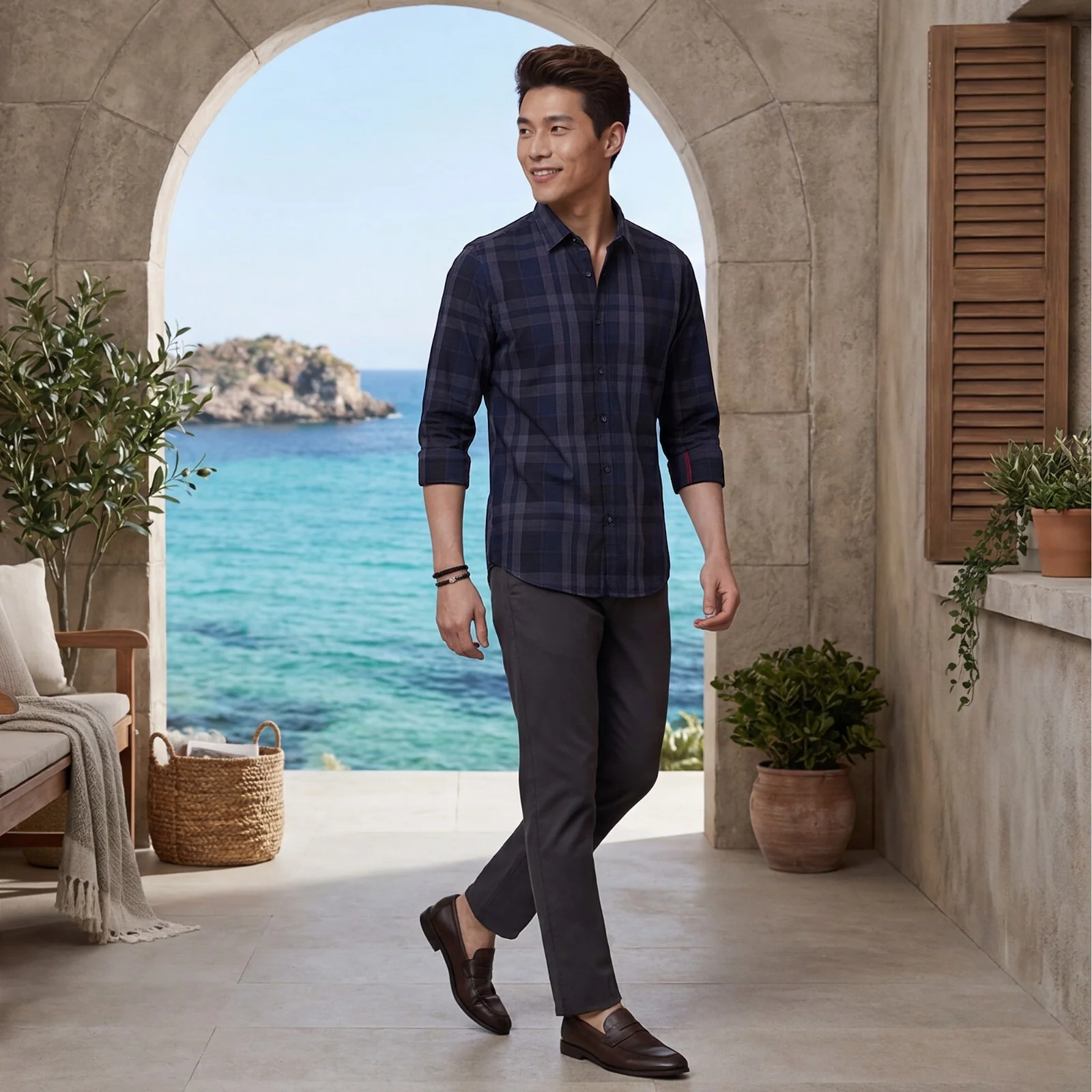 Men's Navy Blue Checks Slim Fit Shirts