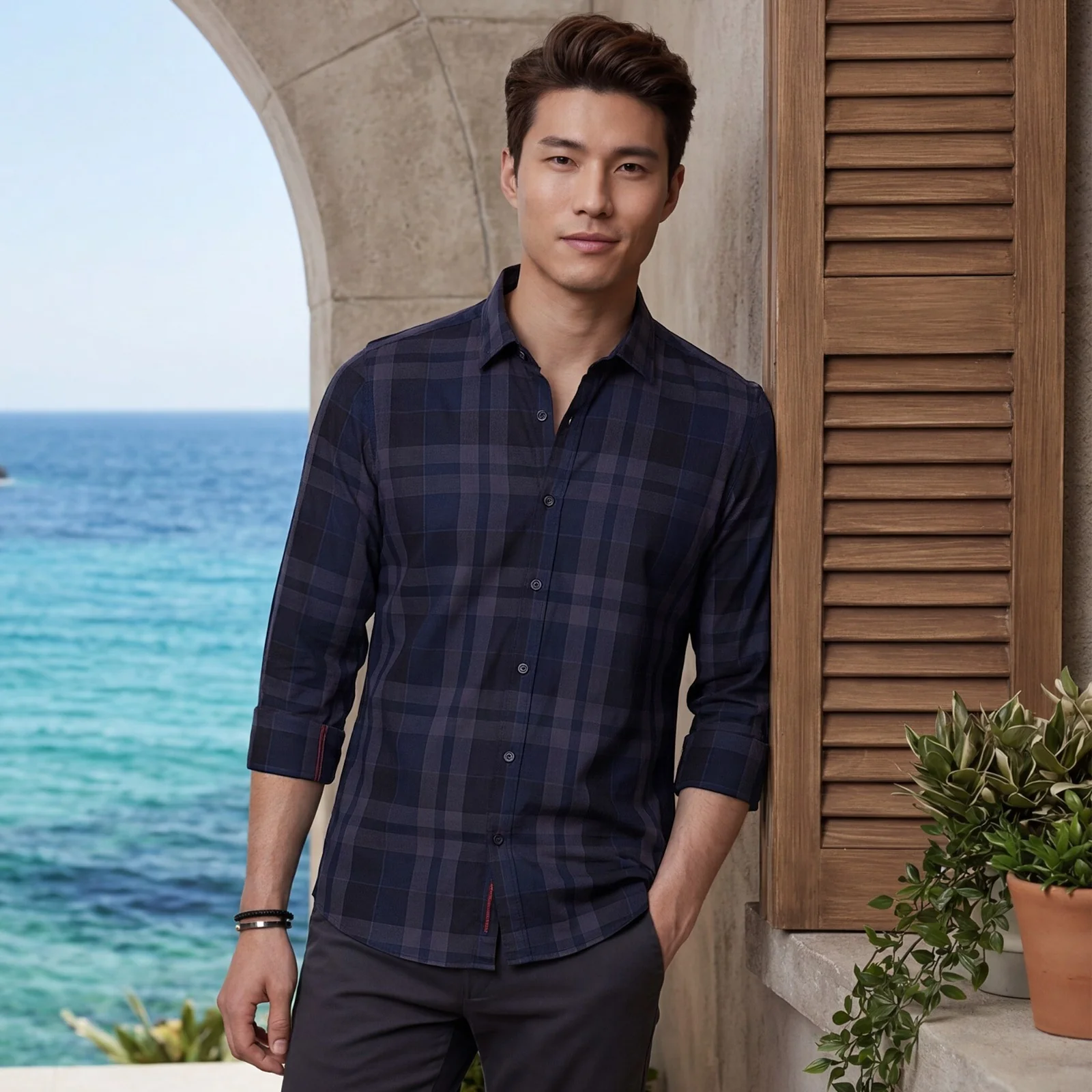 Men's Navy Blue Checks Slim Fit Shirts - Image 2